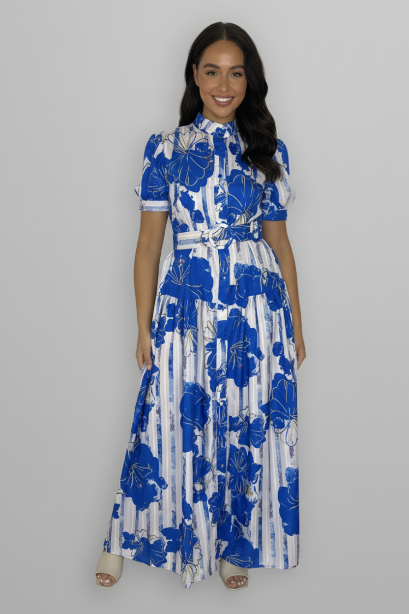 Floral Print Mock Neck Button Down Belted Maxi Dress-SinglePrice