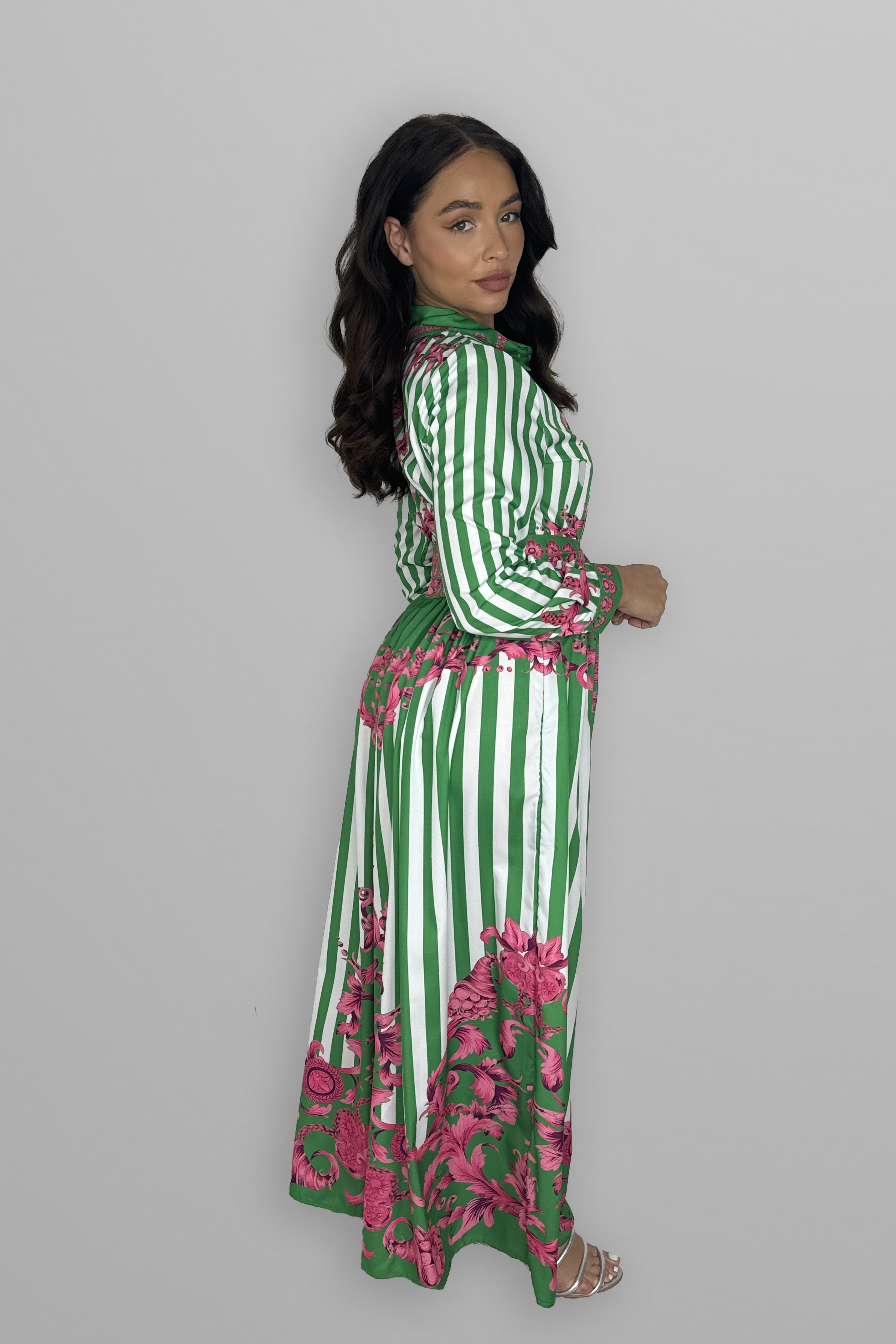 Baroque Print Button Down Tie Belt Maxi Dress-SinglePrice