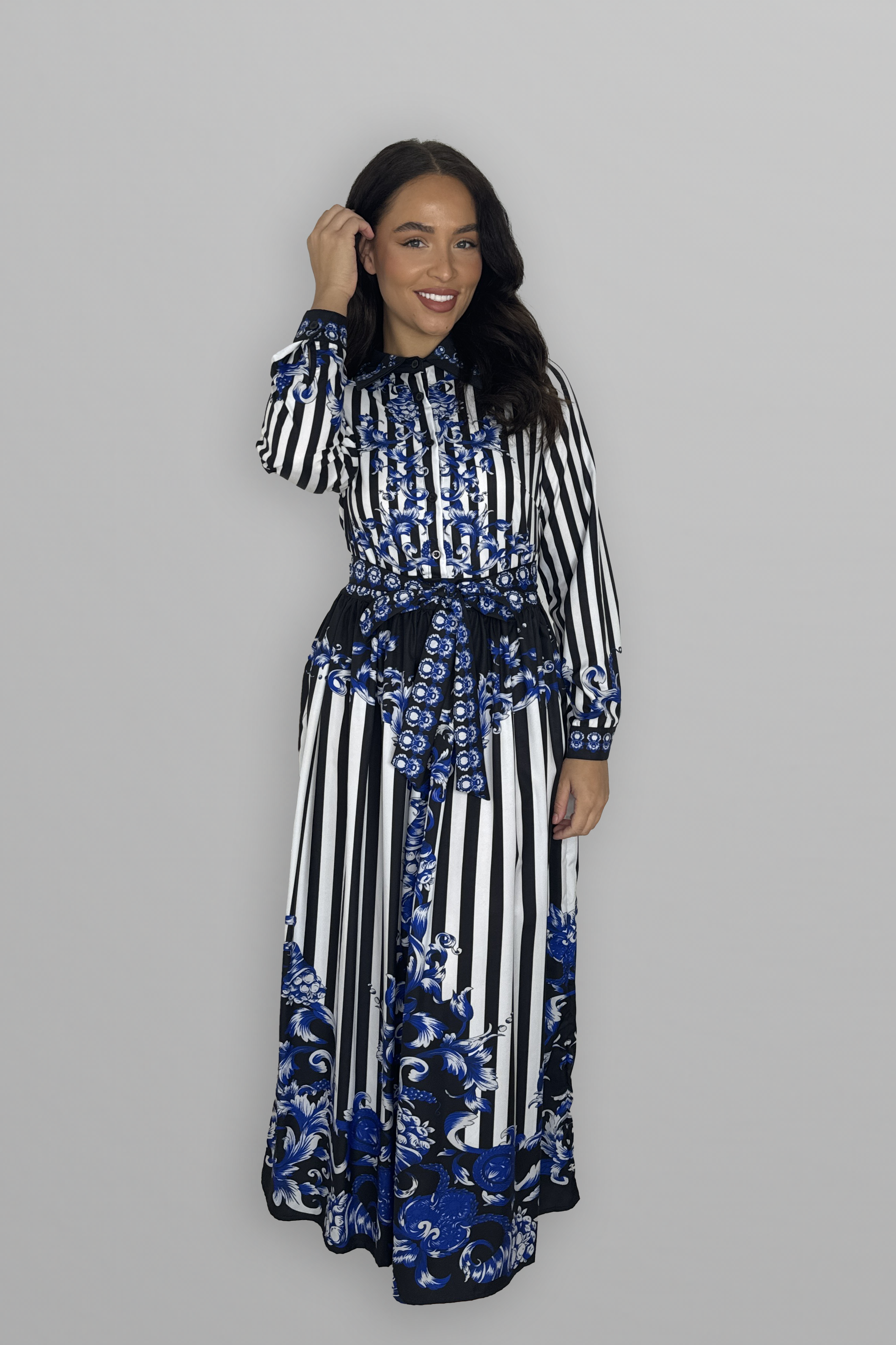 Baroque Print Button Down Tie Belt Maxi Dress-SinglePrice