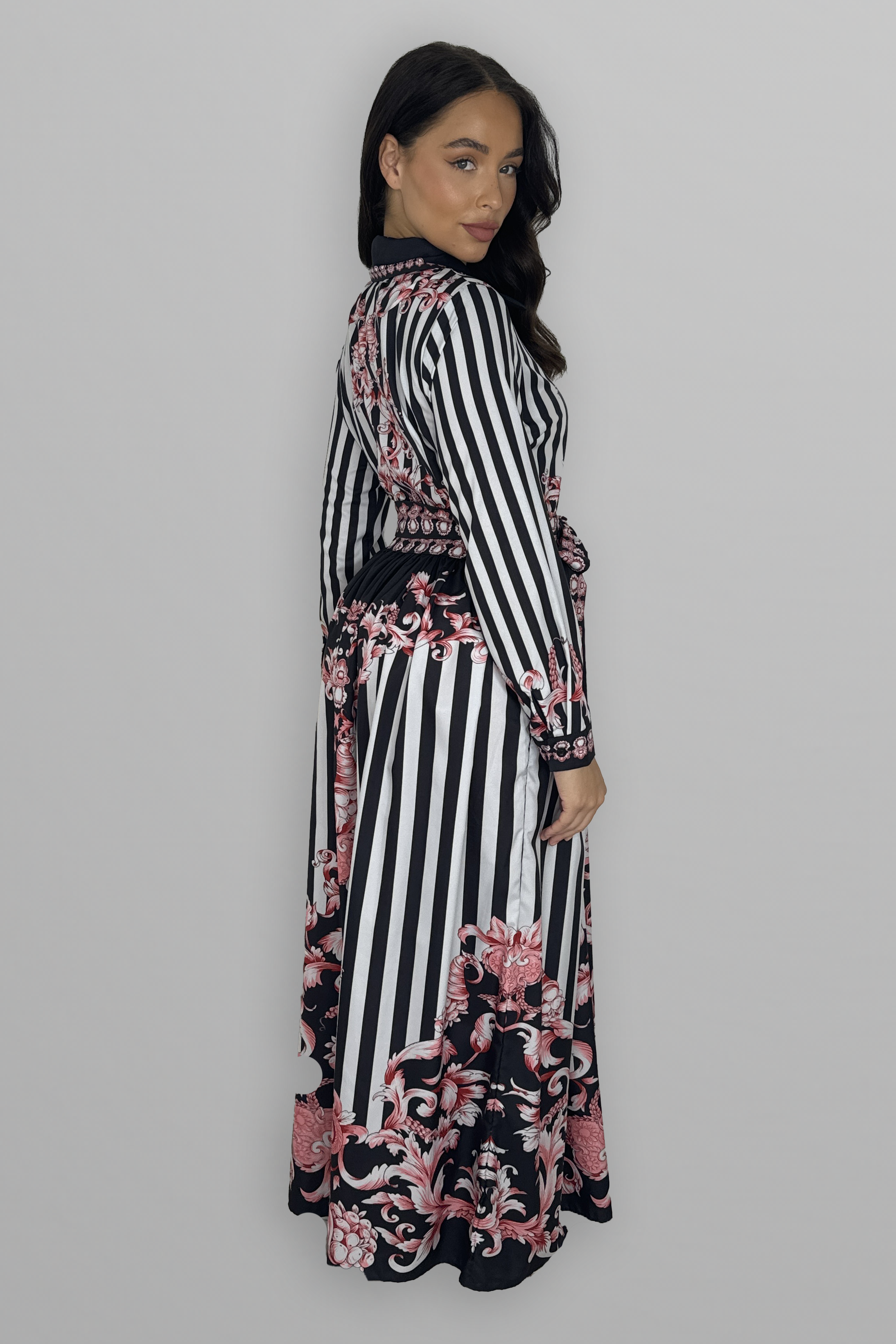 Baroque Print Button Down Tie Belt Maxi Dress-SinglePrice