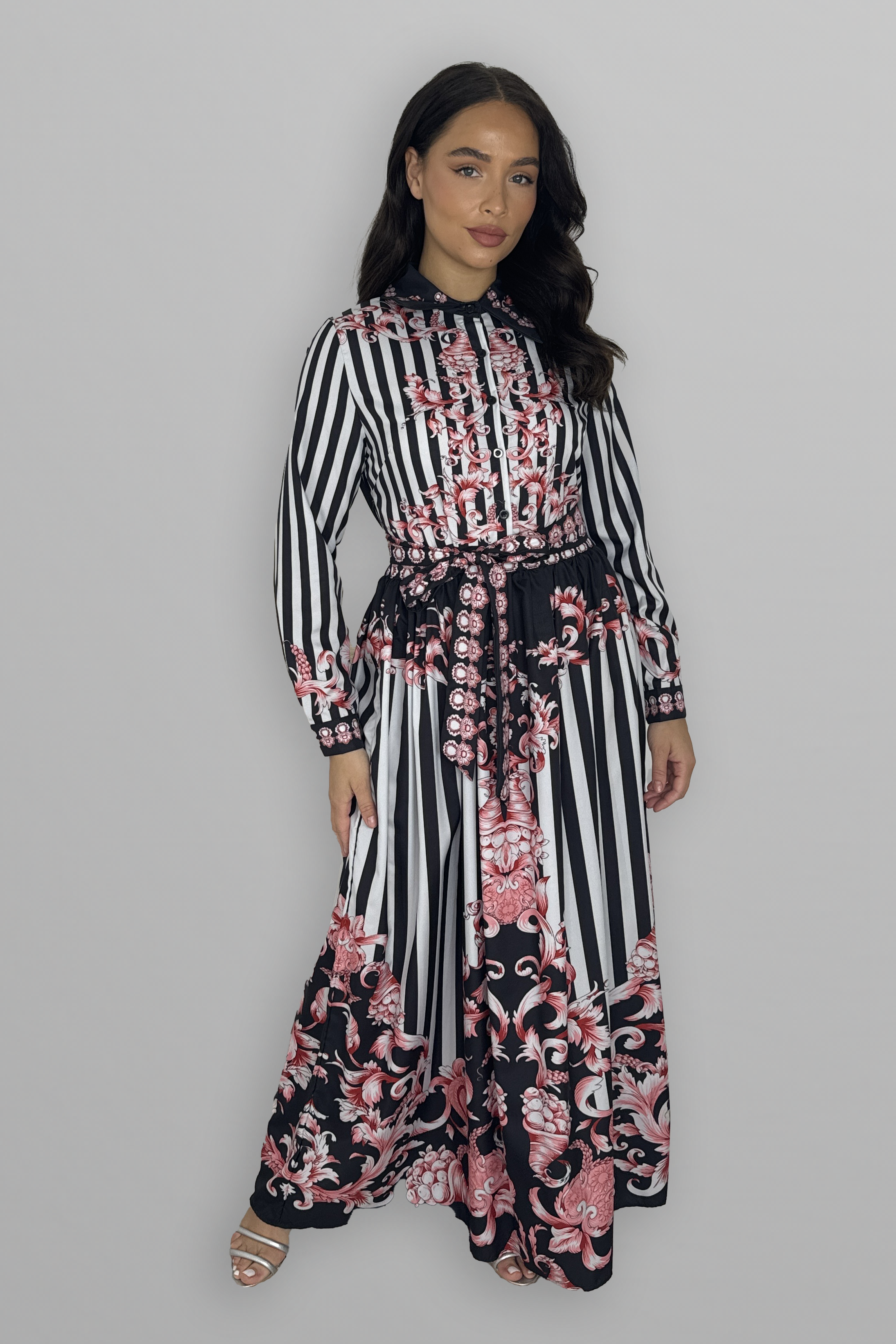 Baroque Print Button Down Tie Belt Maxi Dress-SinglePrice