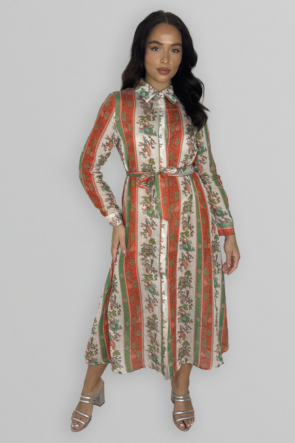 Long Sleeve Button Down Pattern Loose Fit Dress-SinglePrice