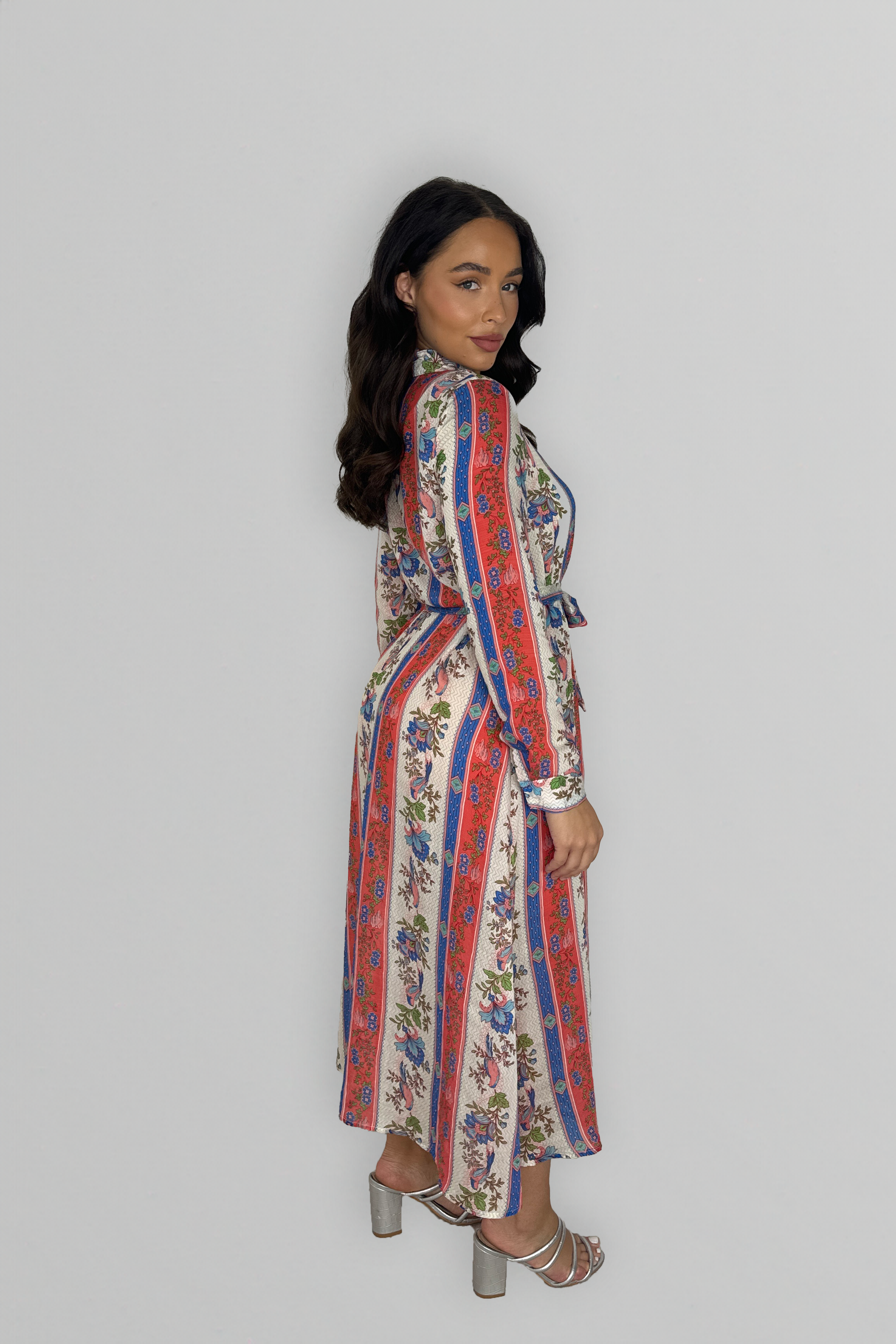 Long Sleeve Button Down Pattern Loose Fit Dress-SinglePrice