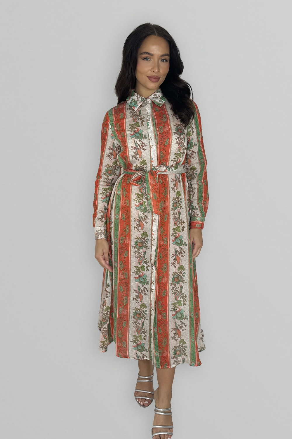 Long Sleeve Button Down Pattern Loose Fit Dress-SinglePrice