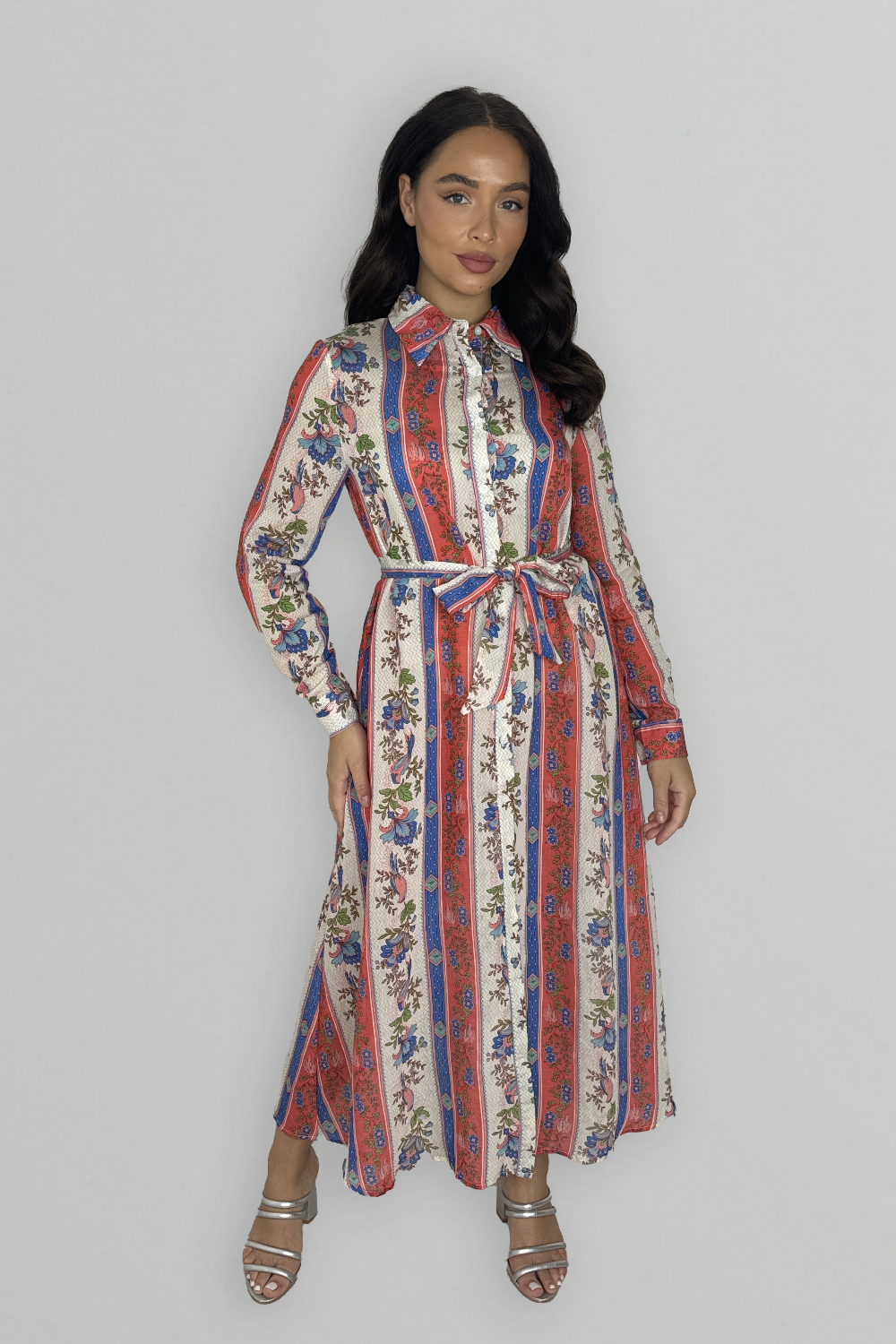 Long Sleeve Button Down Pattern Loose Fit Dress-SinglePrice