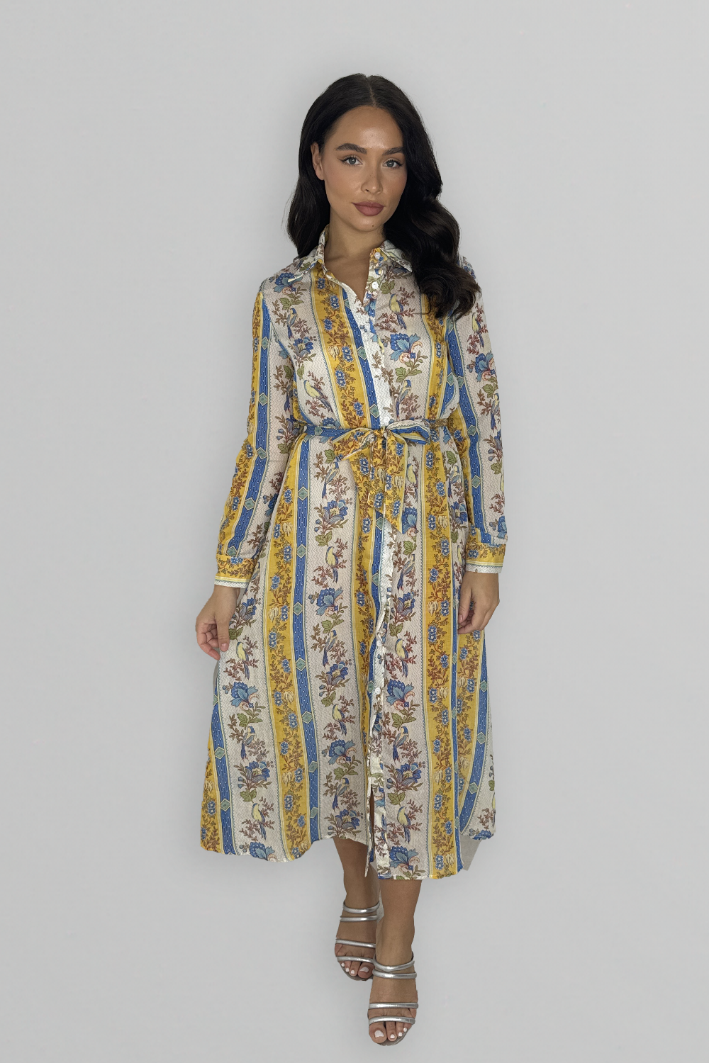 Long Sleeve Button Down Pattern Loose Fit Dress-SinglePrice