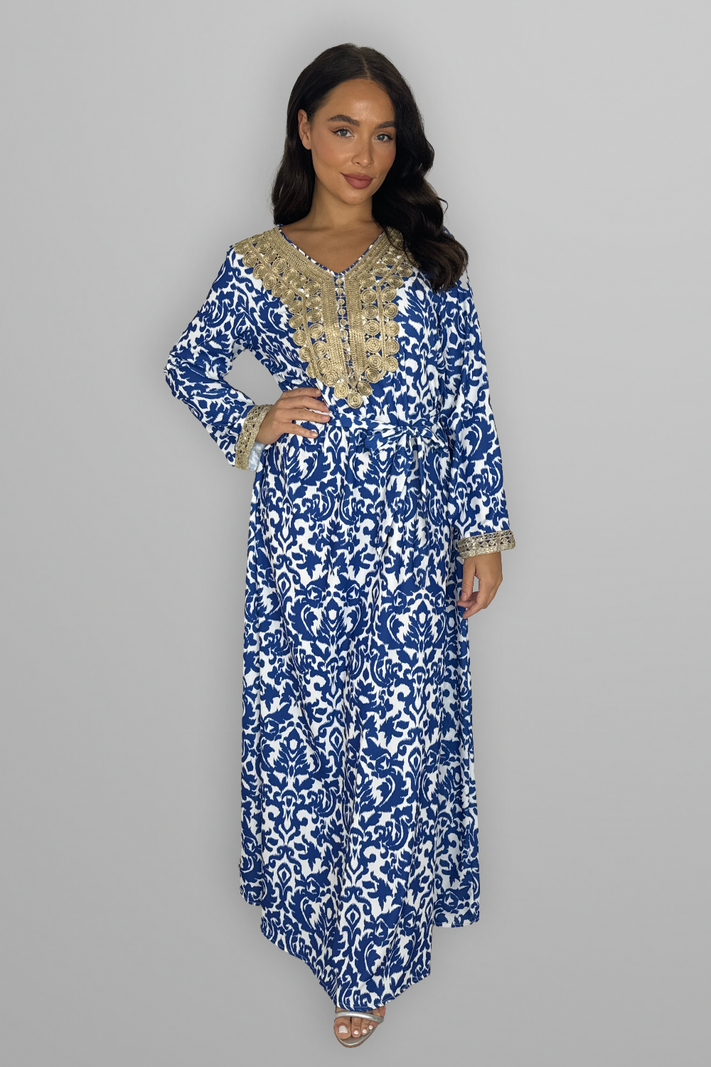 Embroidered Hem Tie Up Long Traditional Dress-SinglePrice