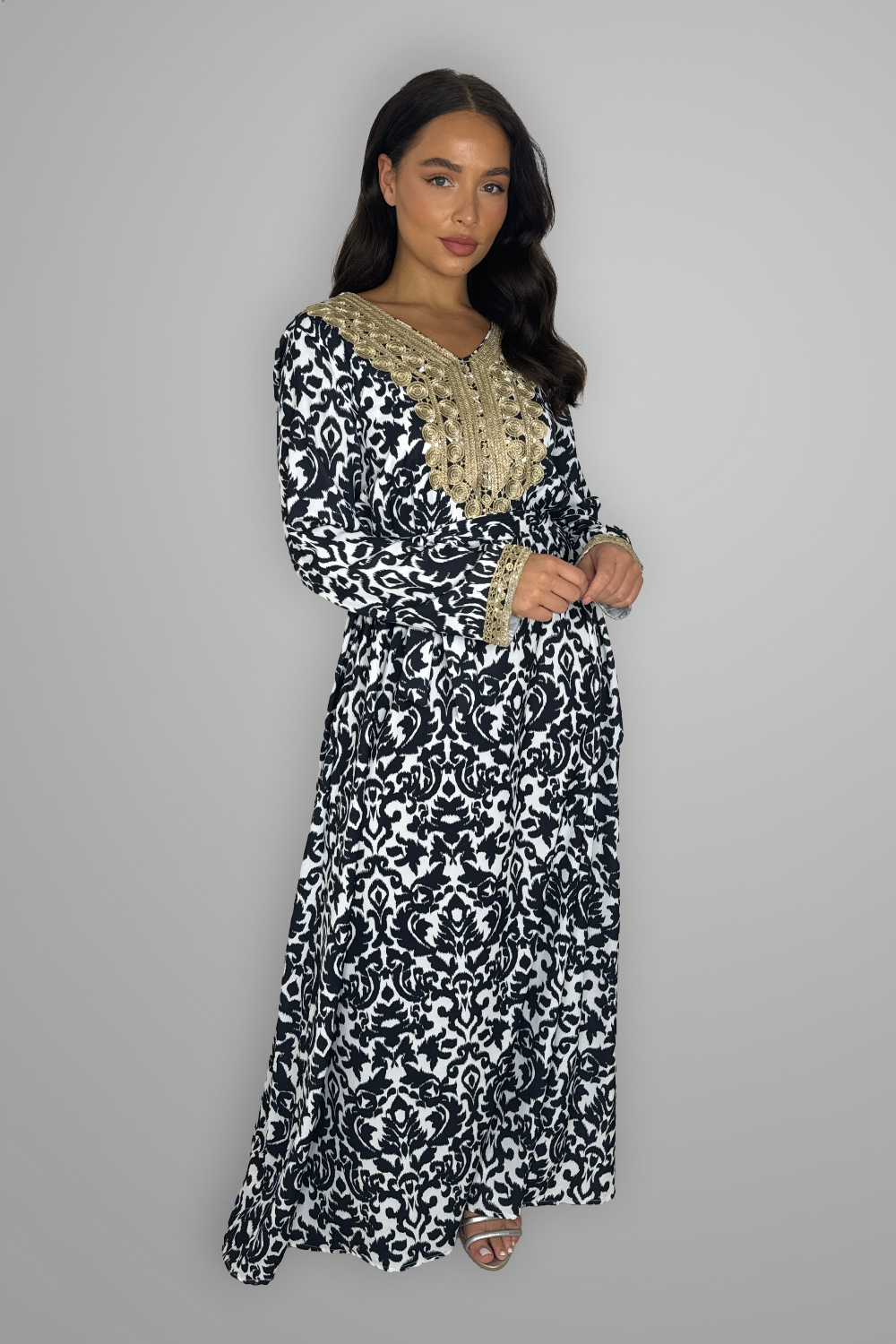Embroidered Hem Tie Up Long Traditional Dress-SinglePrice