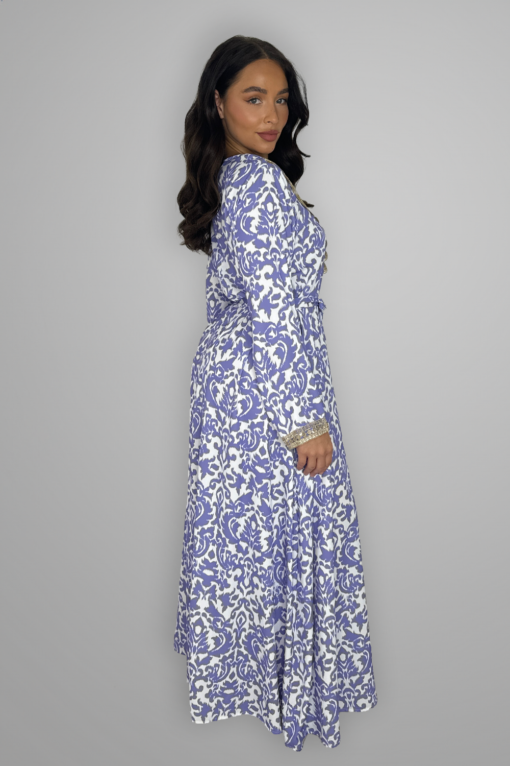 Embroidered Hem Tie Up Long Traditional Dress-SinglePrice