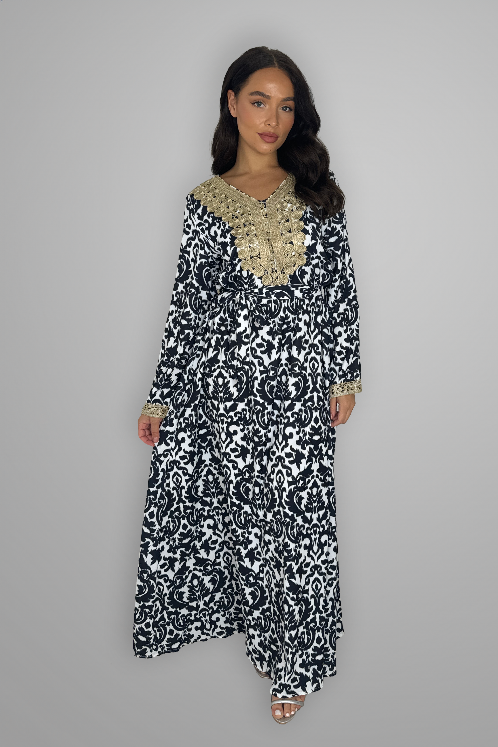 Embroidered Hem Tie Up Long Traditional Dress-SinglePrice