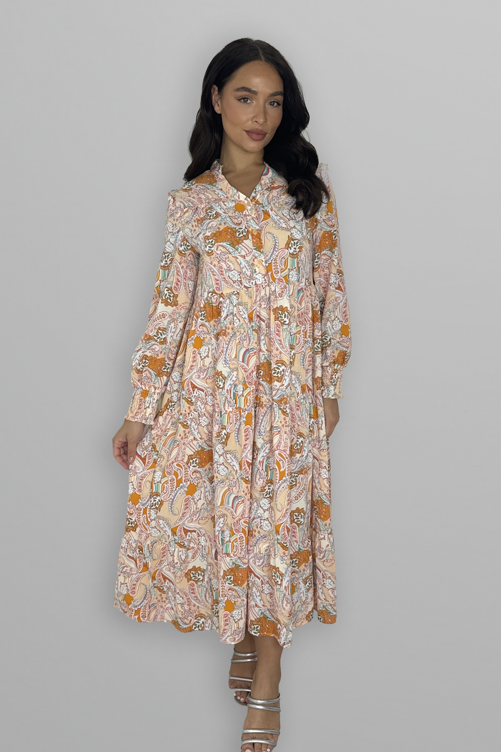 Paisly Print Collarless Button Down Long Tiered Dress-SinglePrice