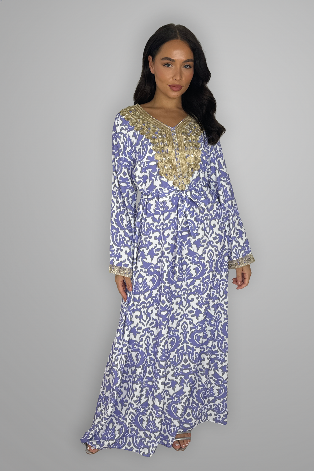 Embroidered Hem Tie Up Long Traditional Dress-SinglePrice