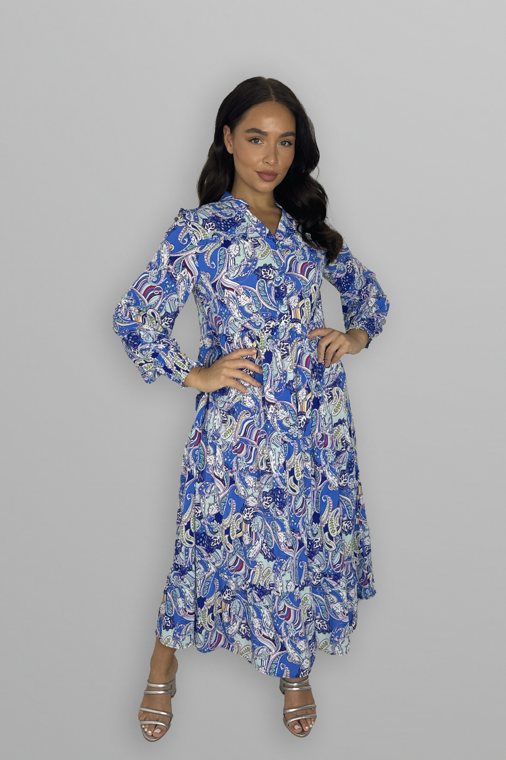 Paisly Print Collarless Button Down Long Tiered Dress-SinglePrice