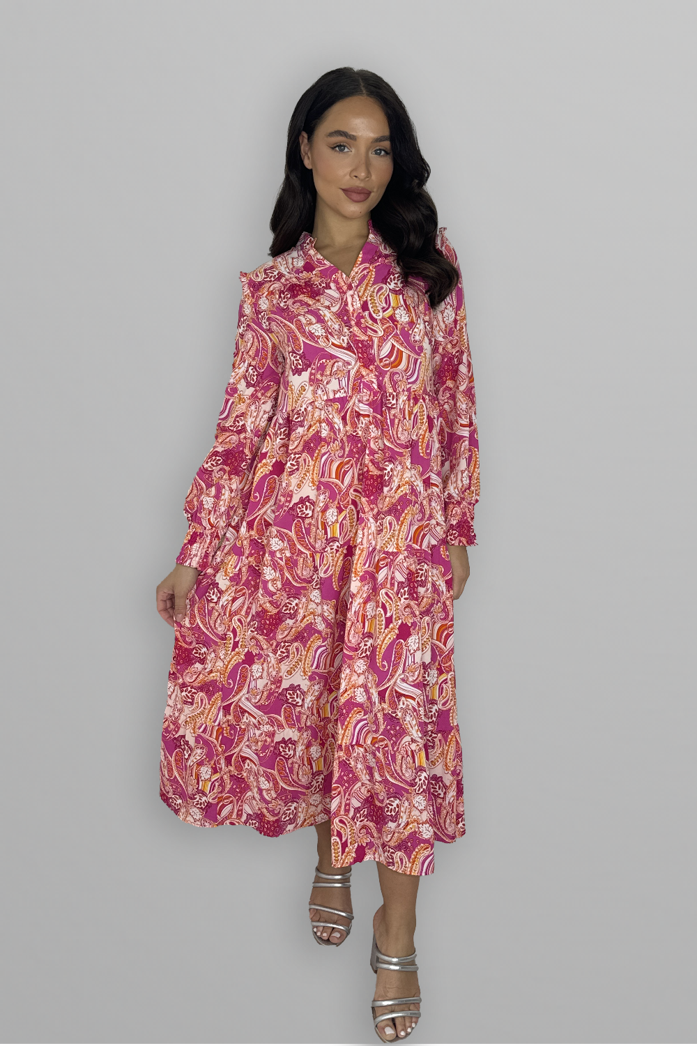 Paisly Print Collarless Button Down Long Tiered Dress-SinglePrice