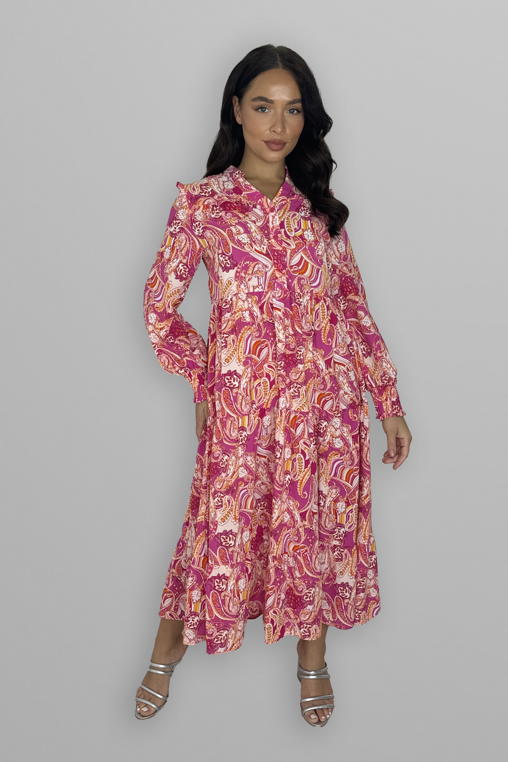 Paisly Print Collarless Button Down Long Tiered Dress-SinglePrice