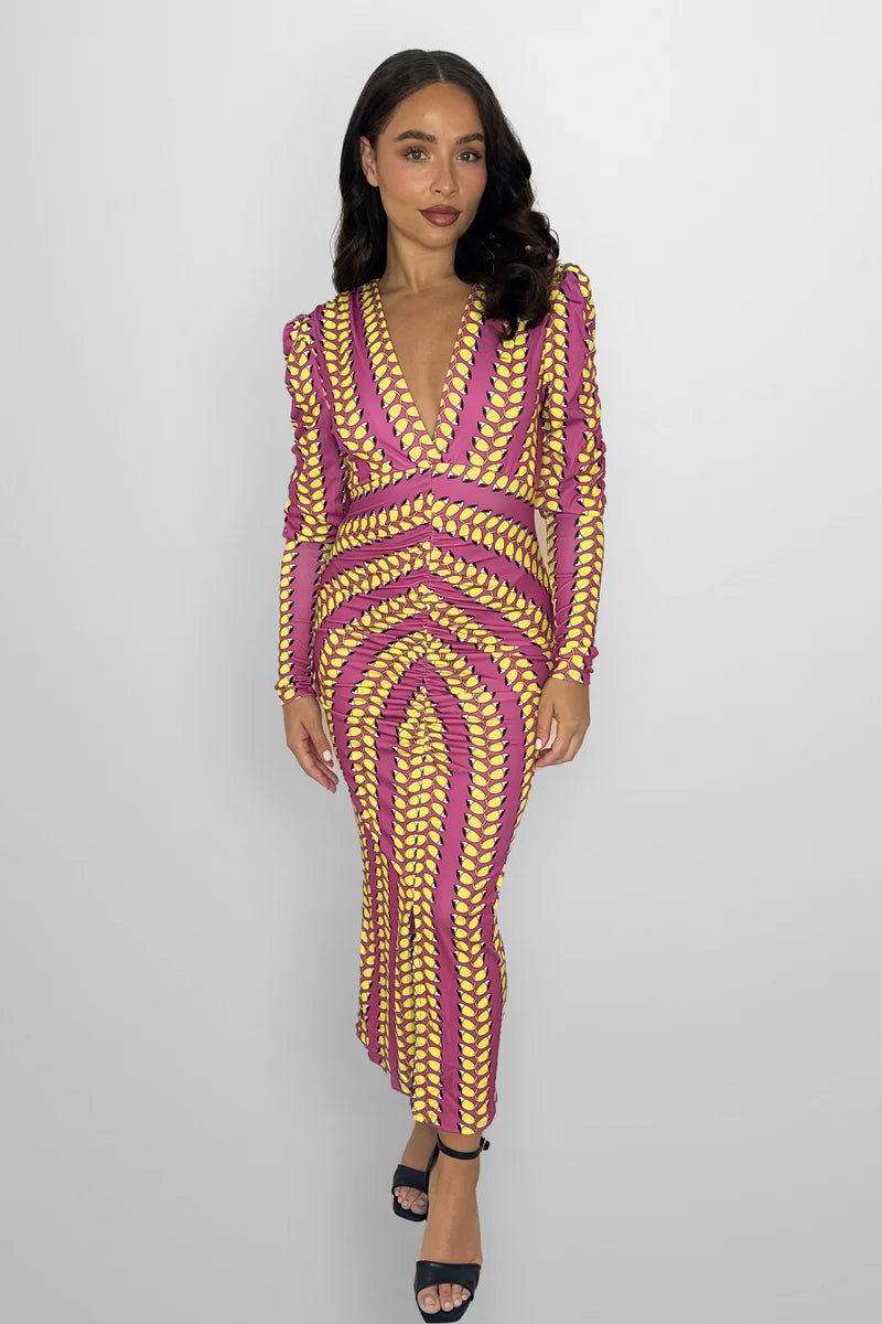 Wholesale Women's Low Cut Neck Puff Sleeve Contrast Print Ruched Long Bodycon Dress (PACK OF 6)
