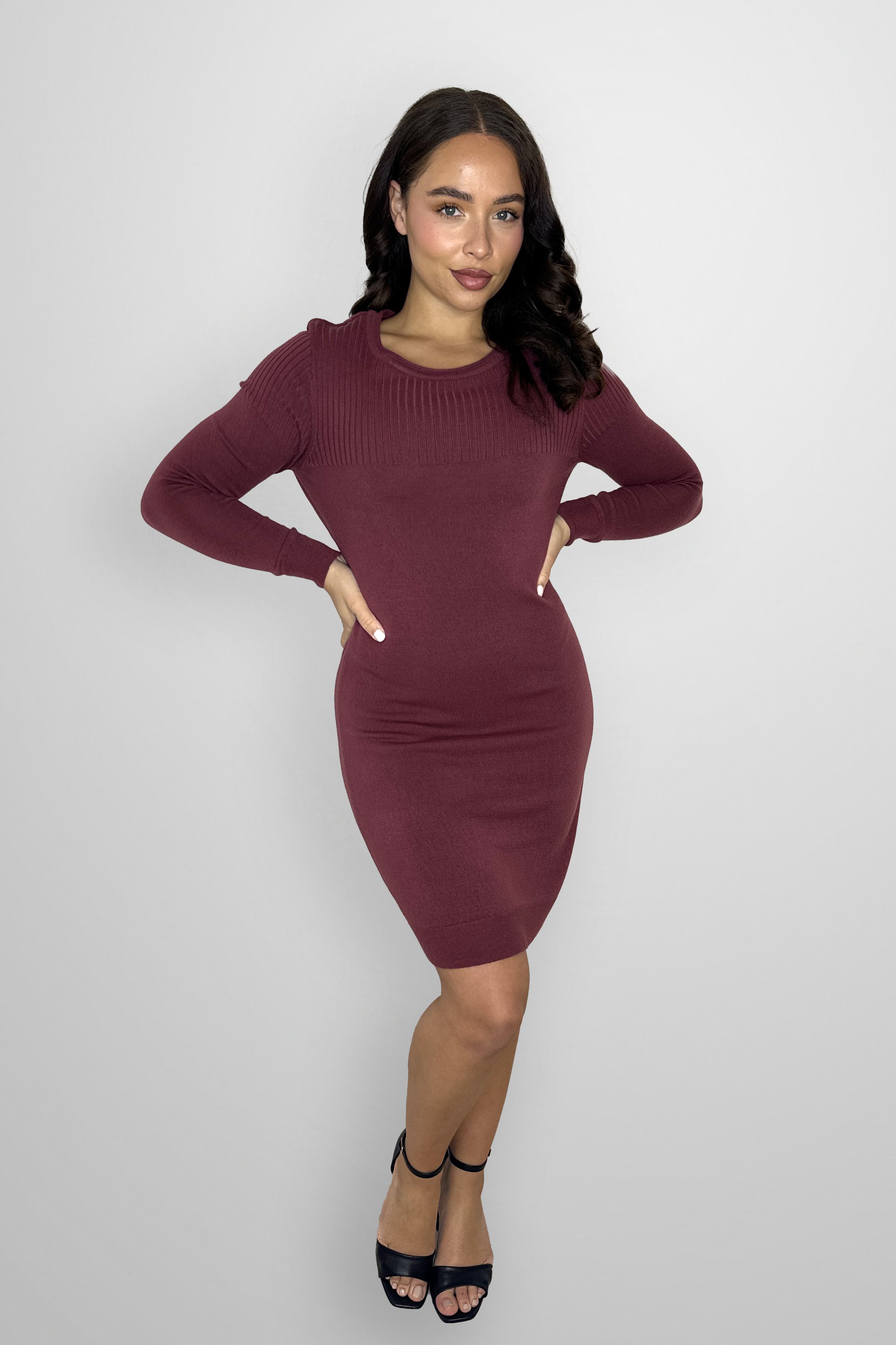 Long Sleeve Crew Neck Knitted Jumper Dress-SinglePrice