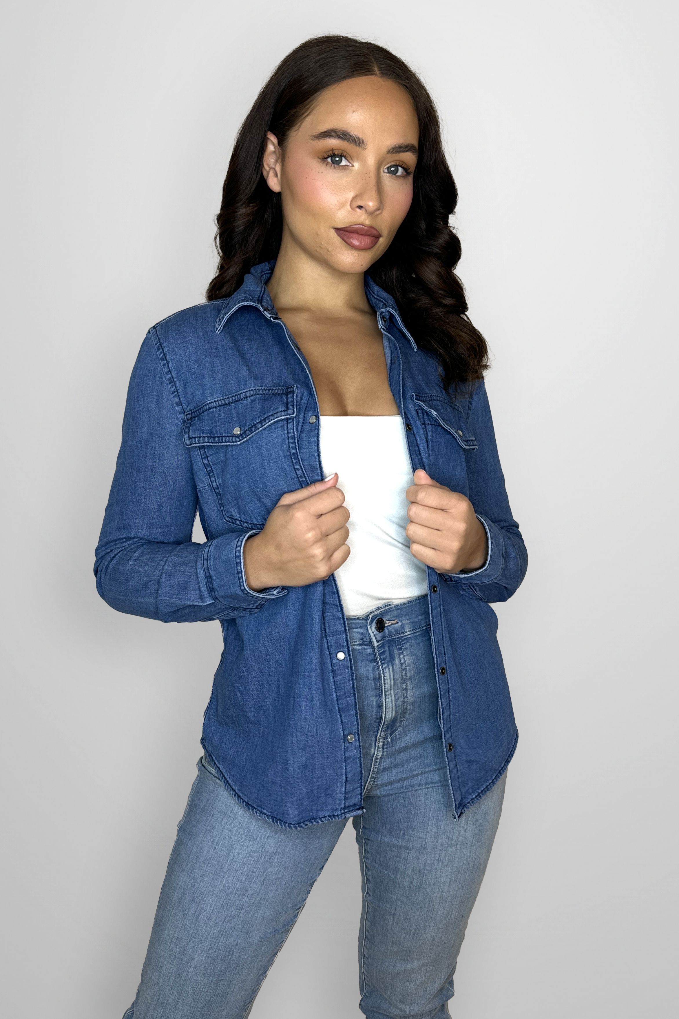 Contrast Stitching Popper Fastening Classic Denim Shirt-SinglePrice