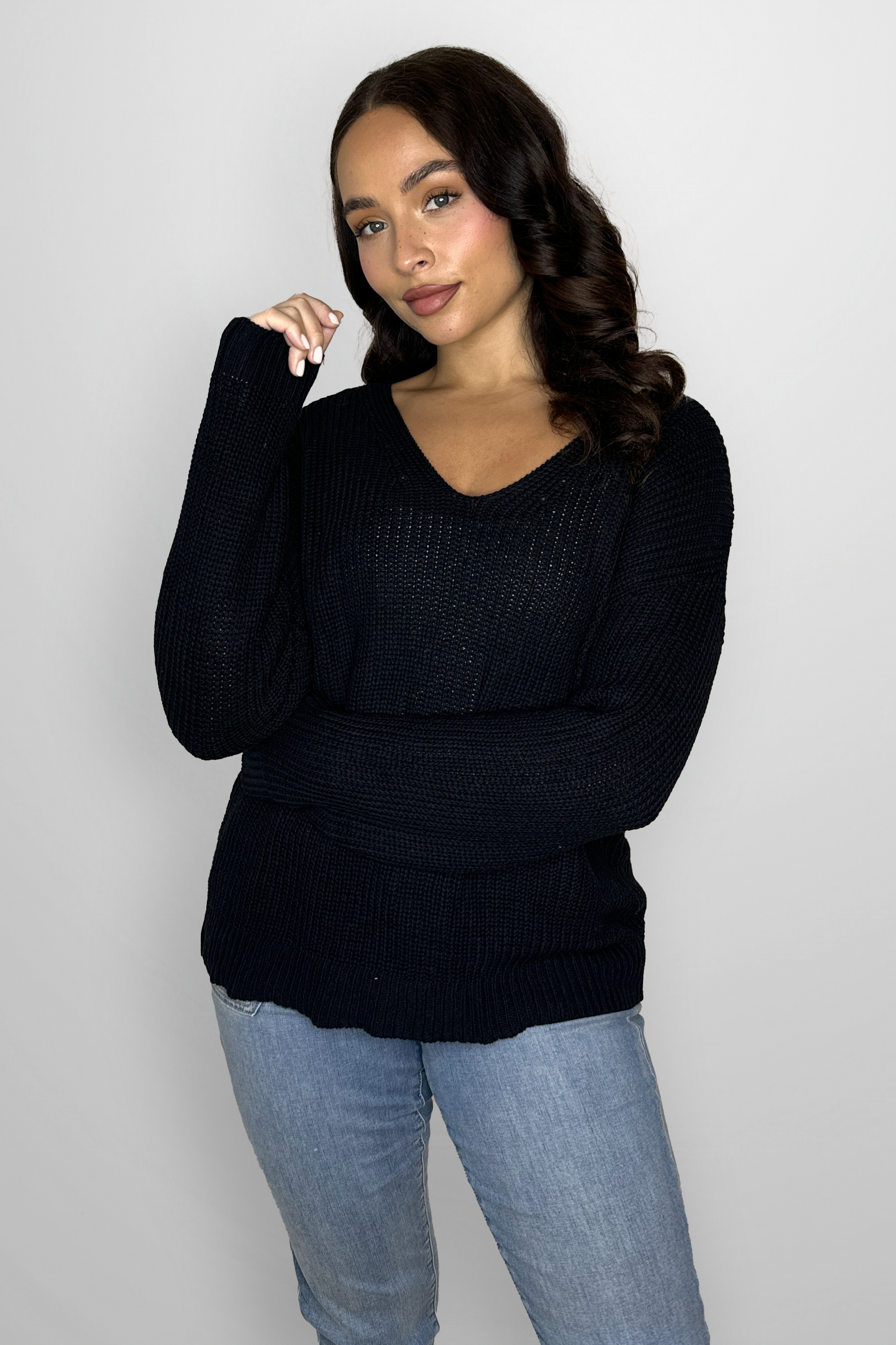 Cotton Blend Chunky Knit V-Cut Sweatshirt-SinglePrice