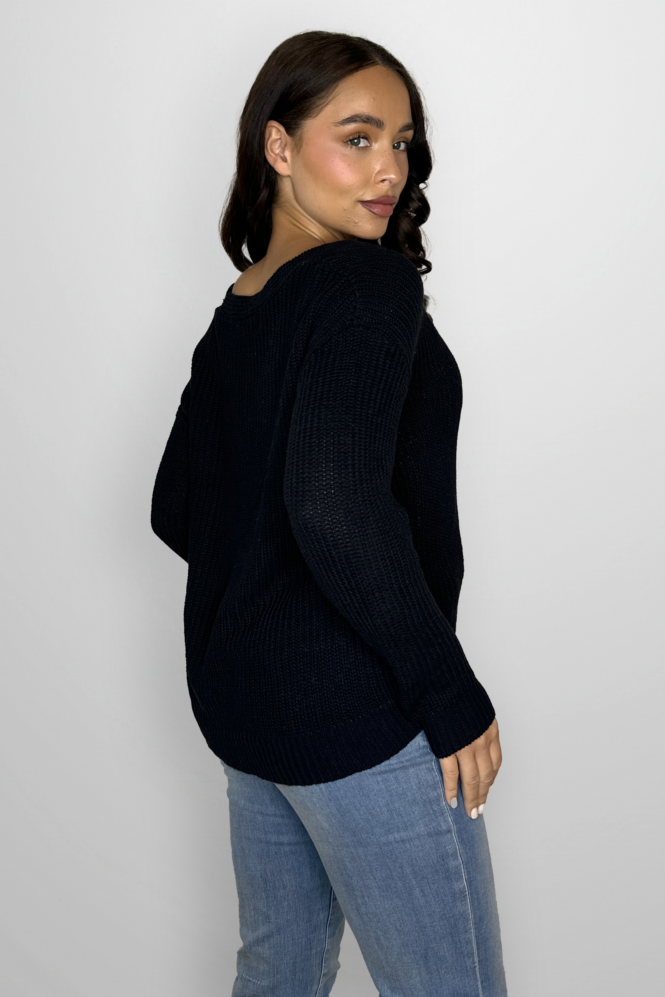 Cotton Blend Chunky Knit V-Cut Sweatshirt-SinglePrice