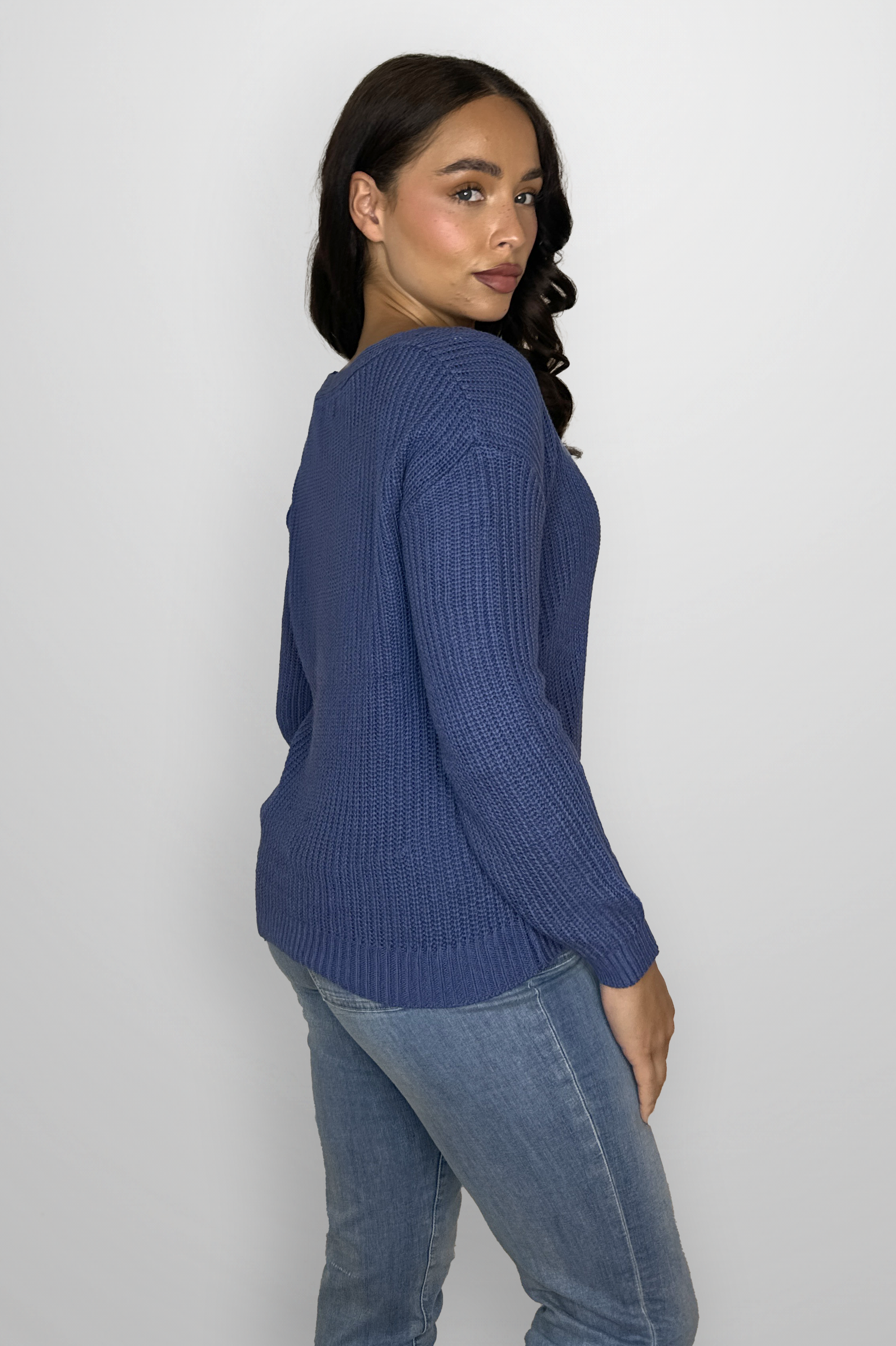 Cotton Blend Chunky Knit V-Cut Sweatshirt-SinglePrice