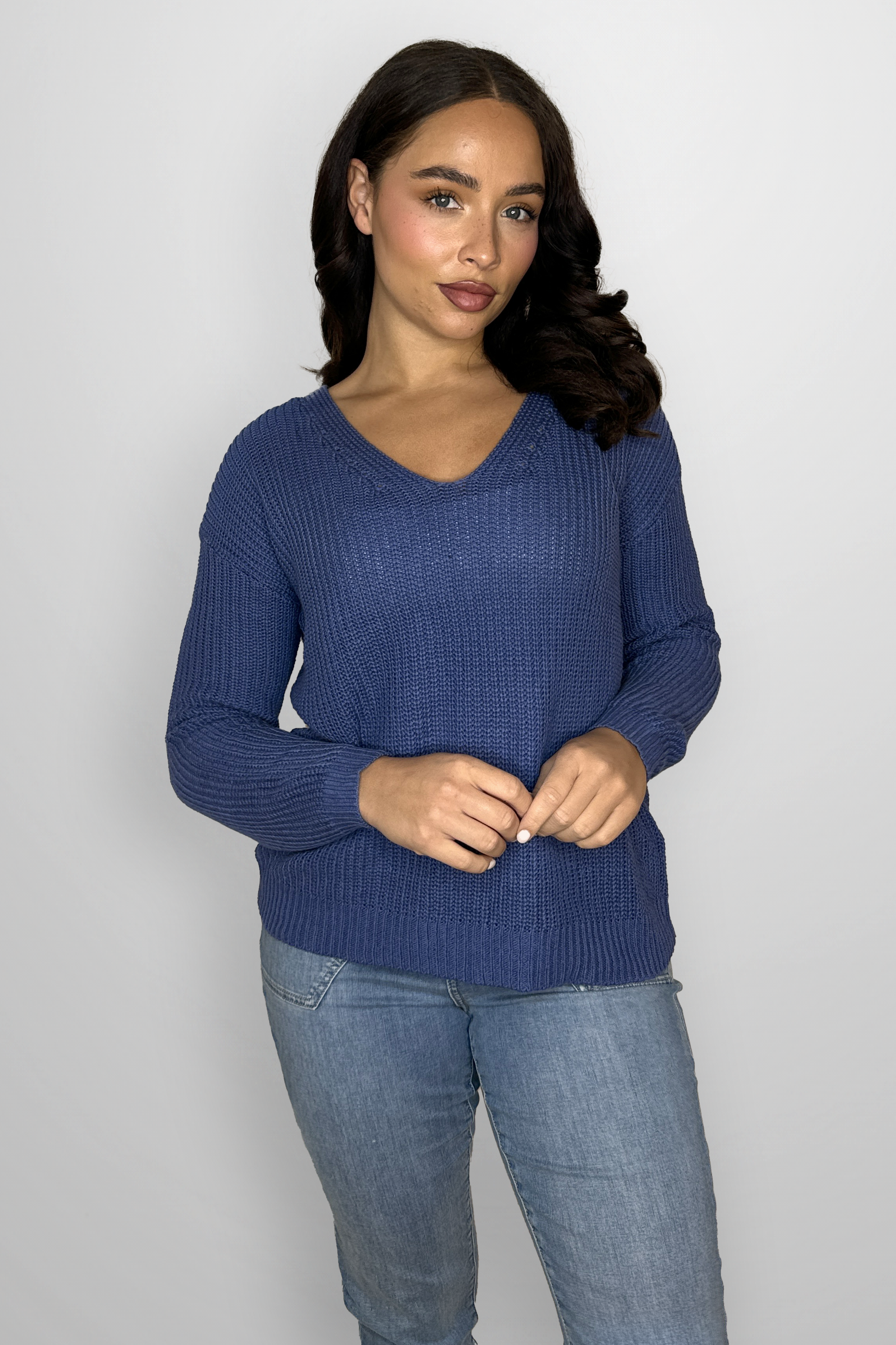 Cotton Blend Chunky Knit V-Cut Sweatshirt-SinglePrice