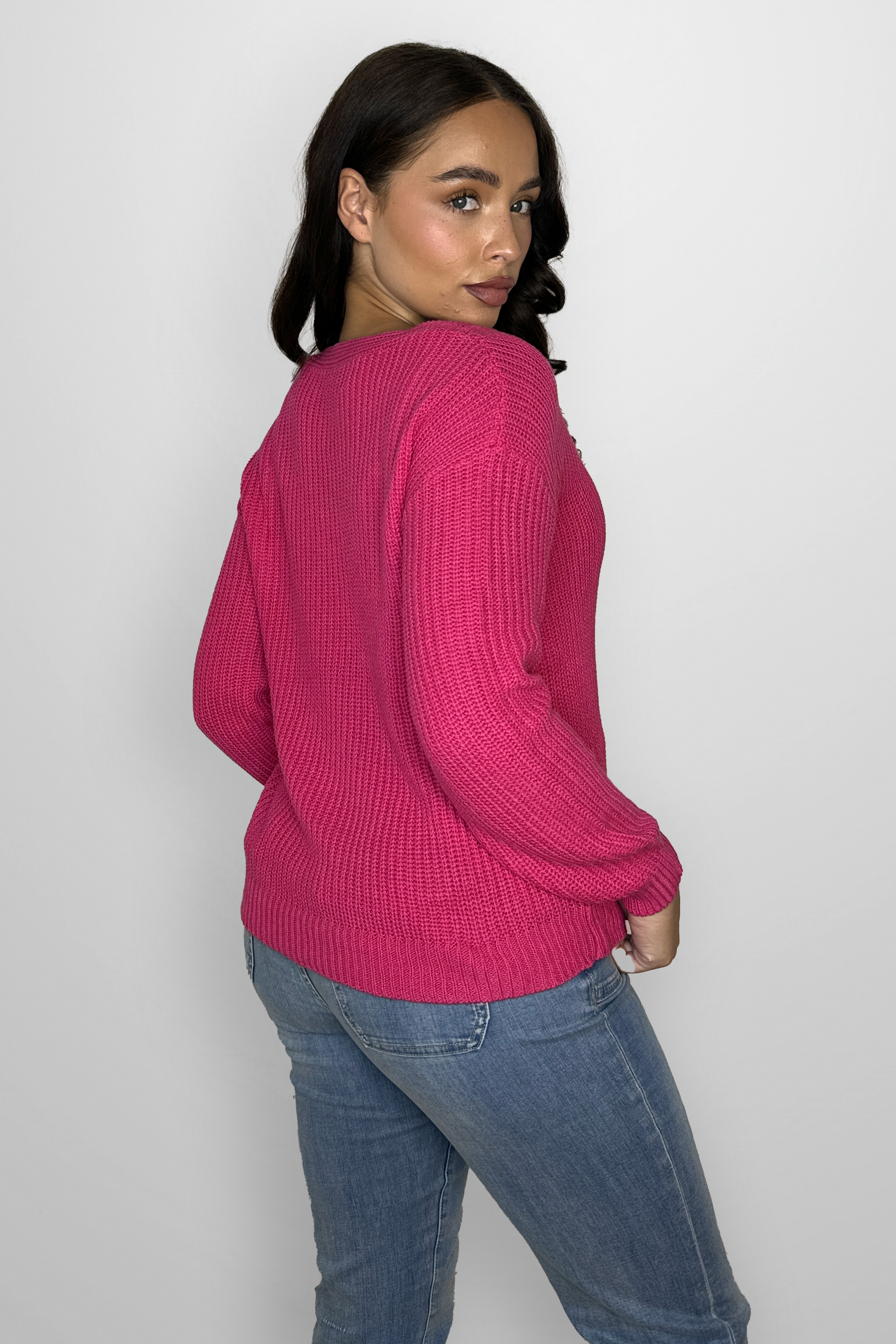 Cotton Blend Chunky Knit V-Cut Sweatshirt-SinglePrice