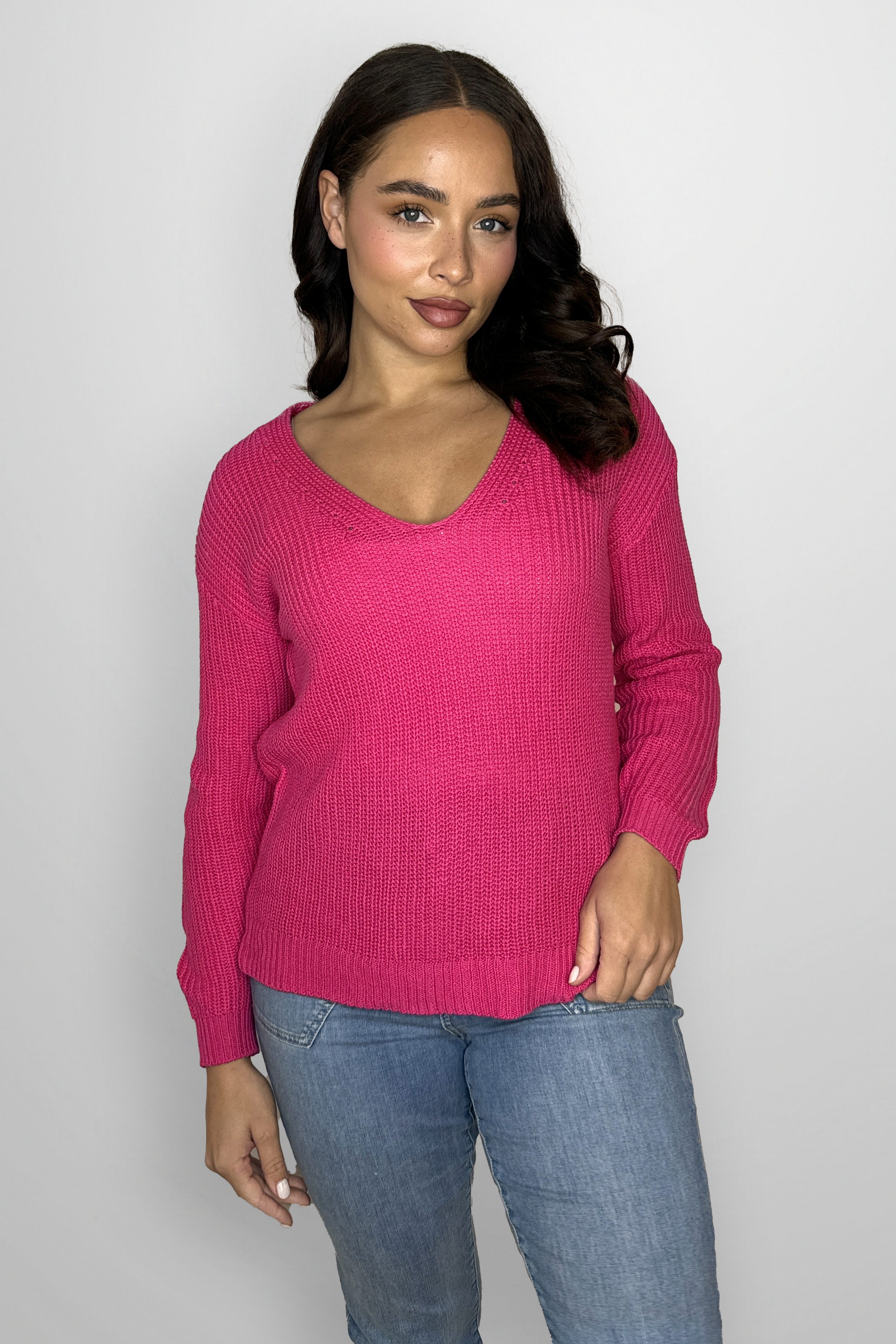 Cotton Blend Chunky Knit V-Cut Sweatshirt-SinglePrice