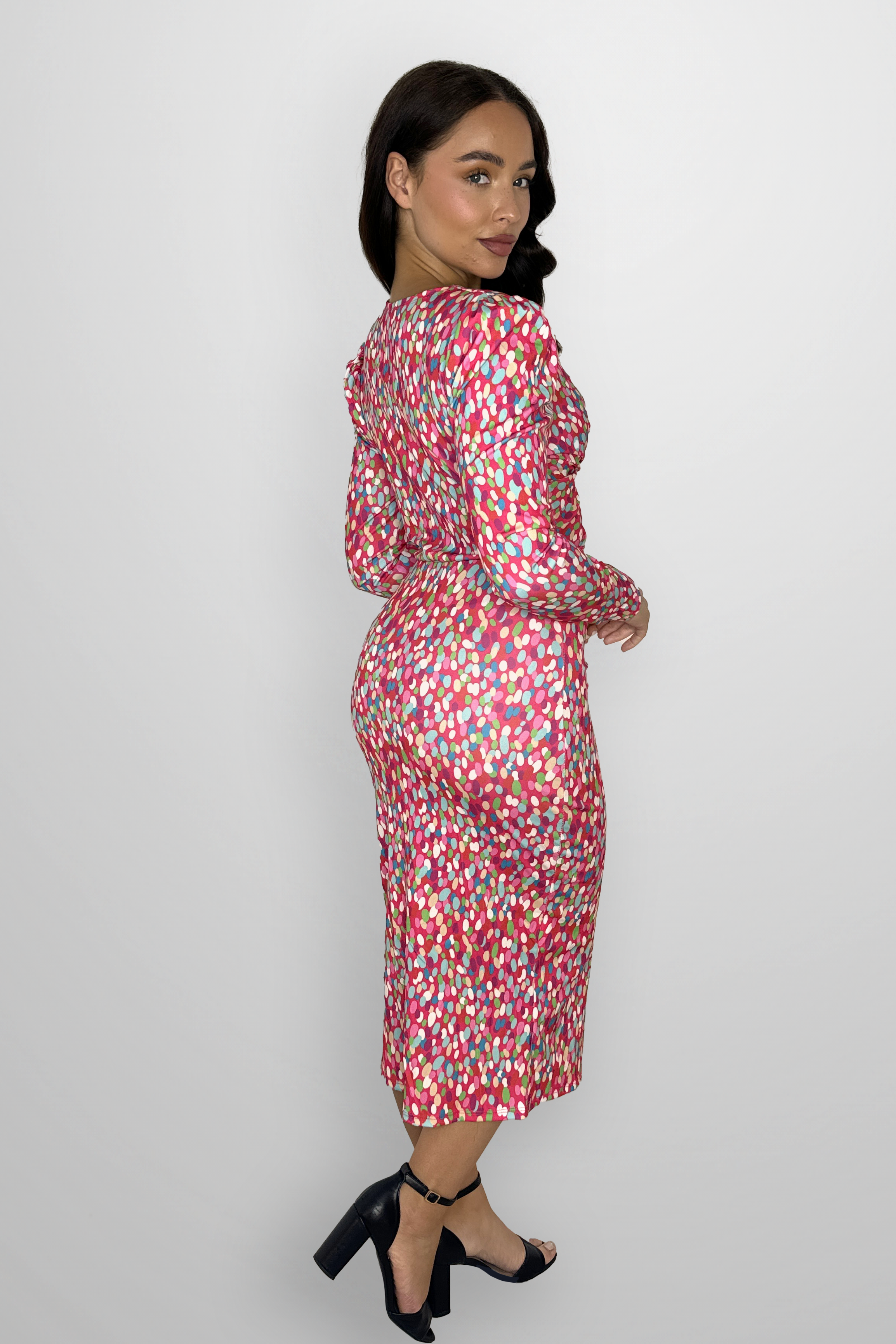 Watercolor Polkadot Long Pyff Sleeve Ruched Midi Dress-SinglePrice