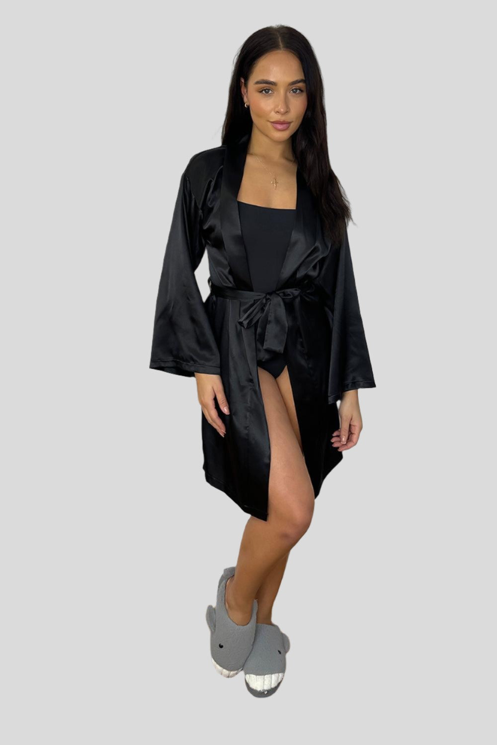 Wide Sleeves Belted Satin House Gown-SinglePrice