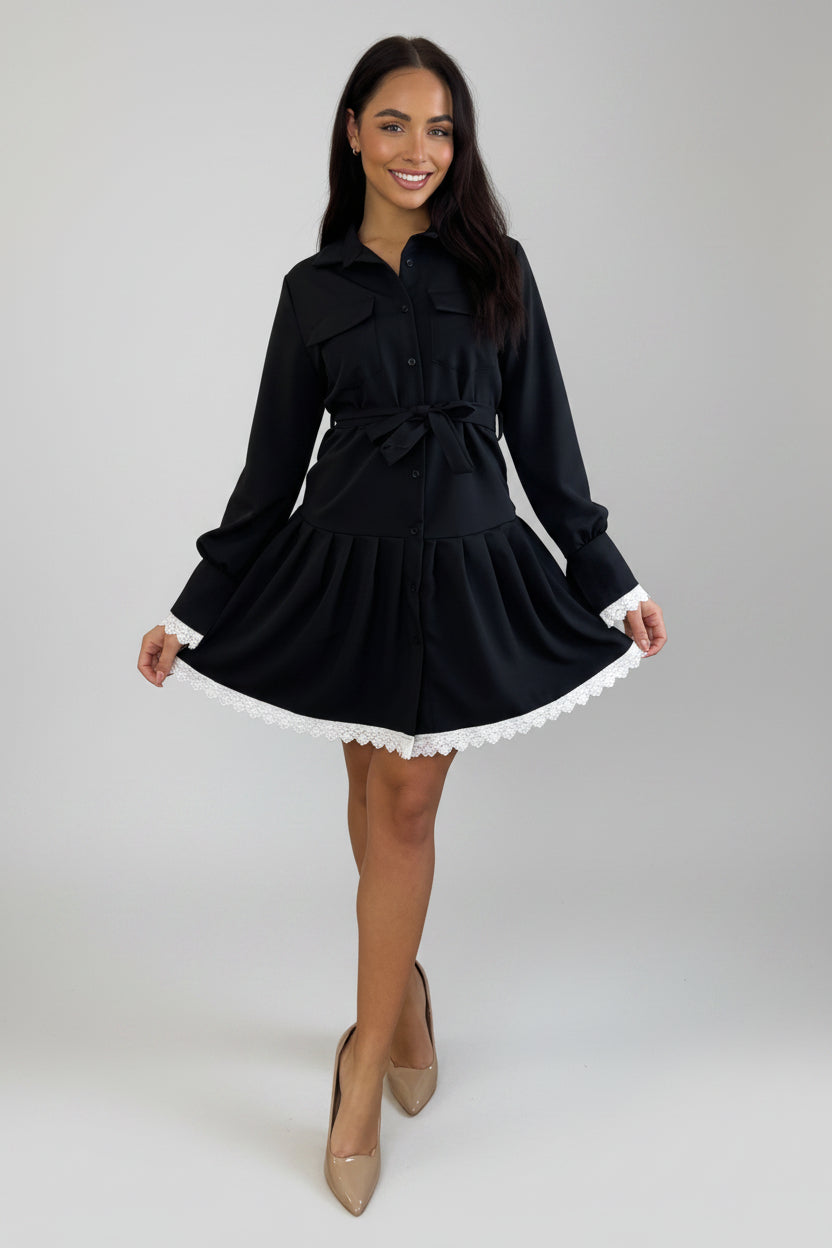 White Lace Trim Tiered Shirt Dress-SinglePrice
