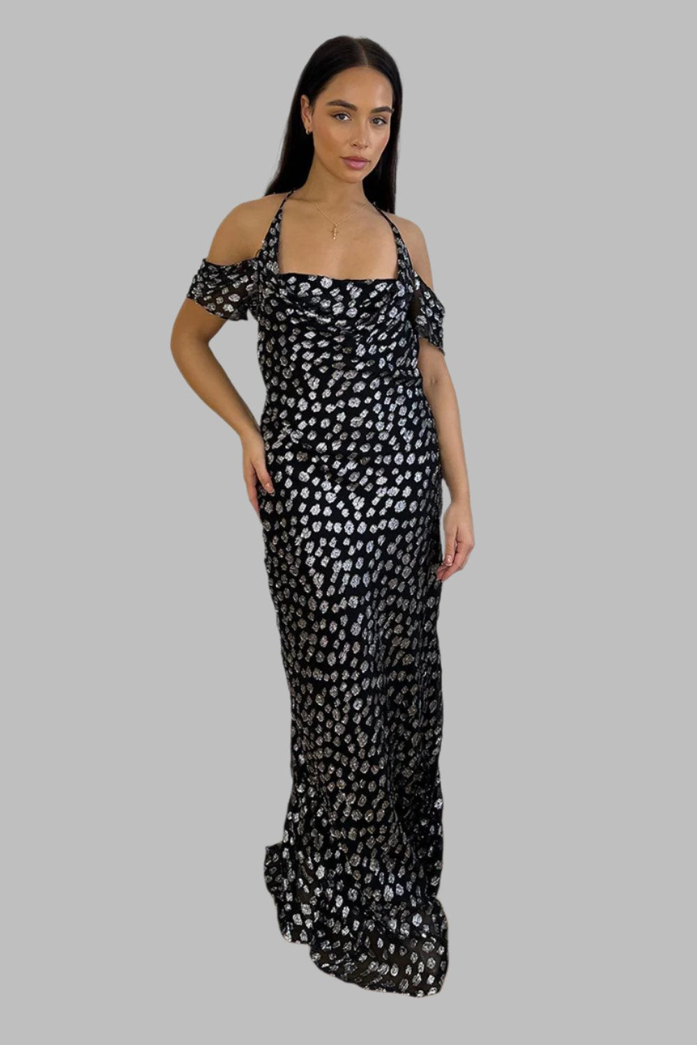 Black Silver Print Off Shoulder Maxi Dress-SinglePrice