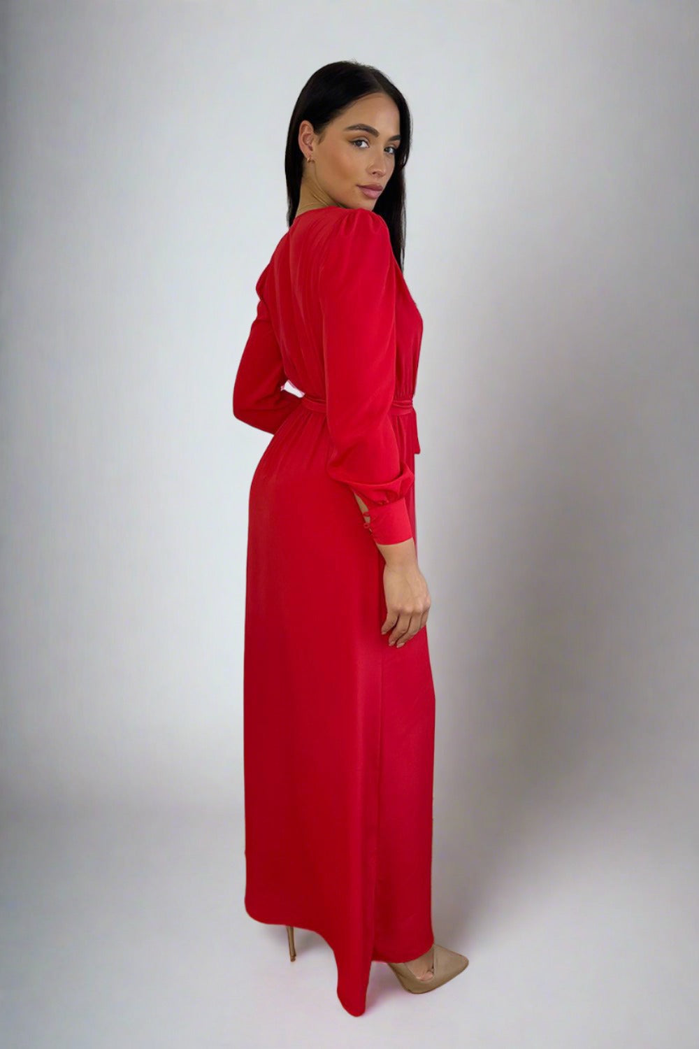 Red Chiffon Deep Plunge Neckline Maxi Dress-SinglePrice