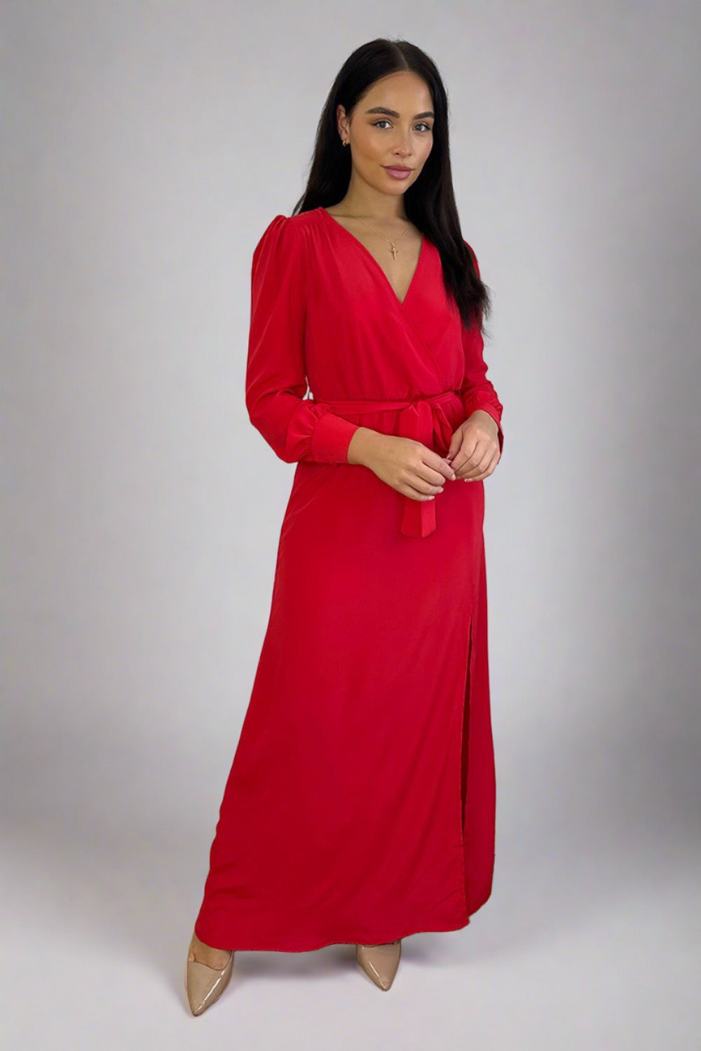 Red Chiffon Deep Plunge Neckline Maxi Dress-SinglePrice