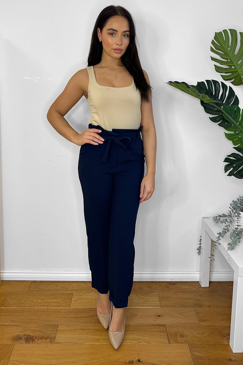 Navy Belted Paper Bag Waist Trousers-SinglePrice