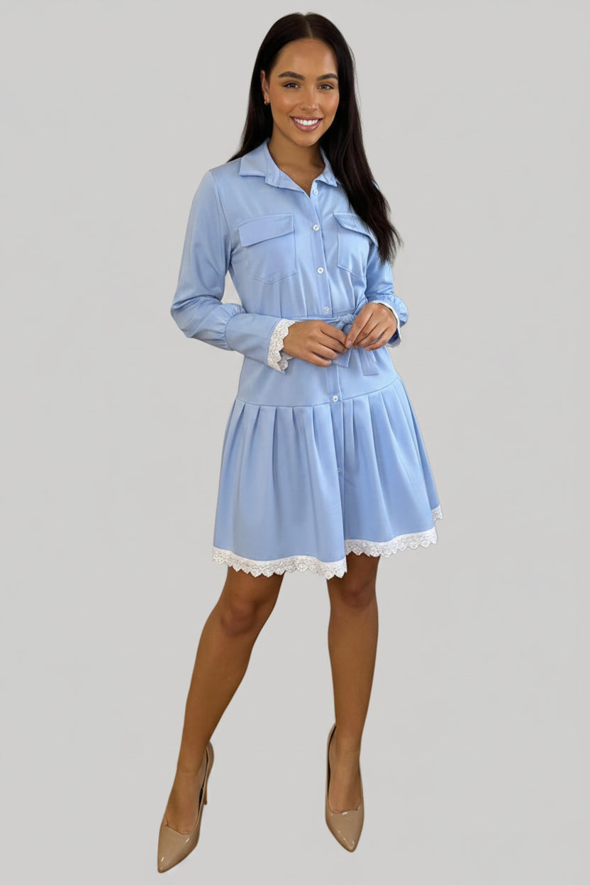 White Lace Trim Tiered Shirt Dress-SinglePrice