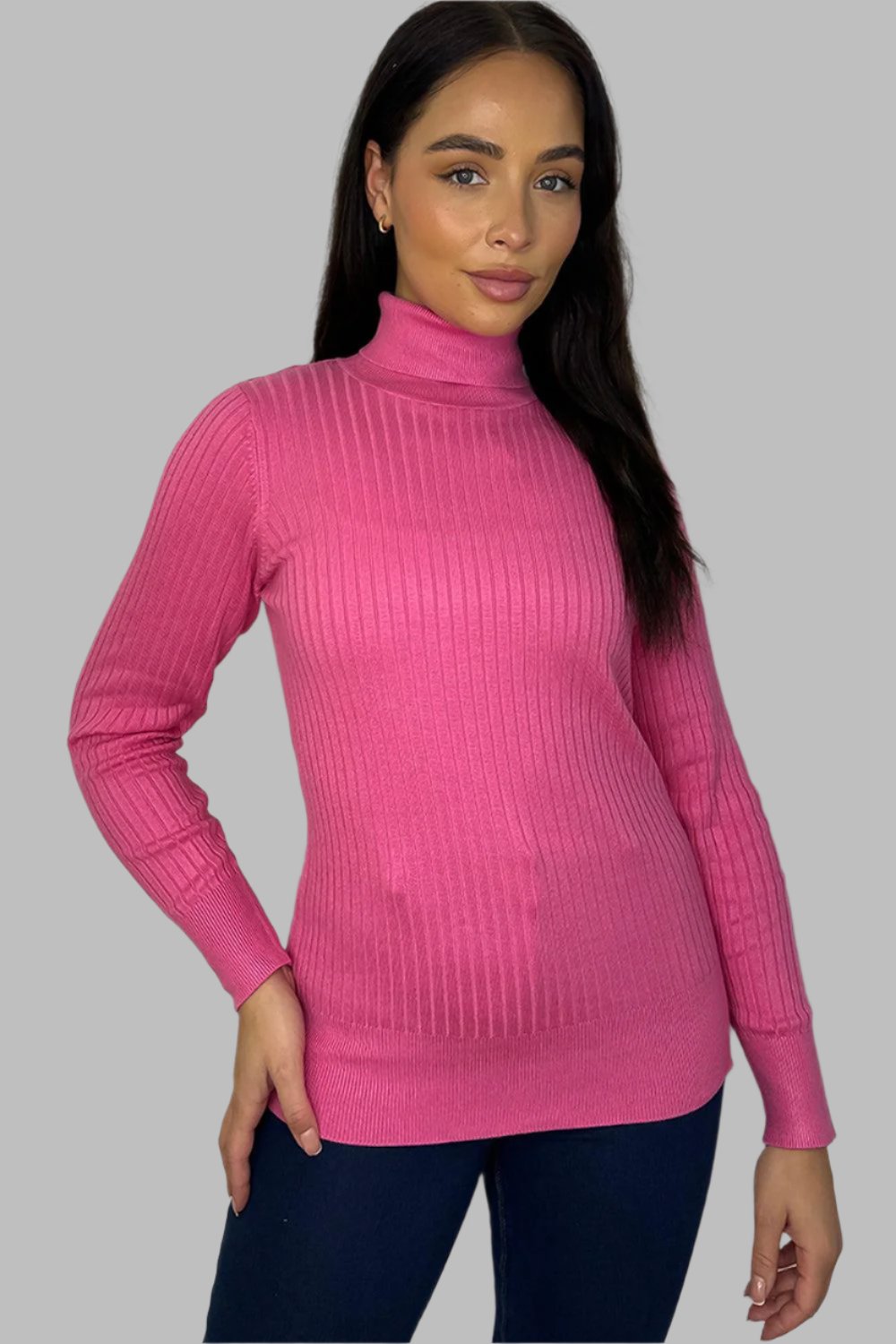 Pink Ribbed Knit High Neck Pullover-SinglePrice