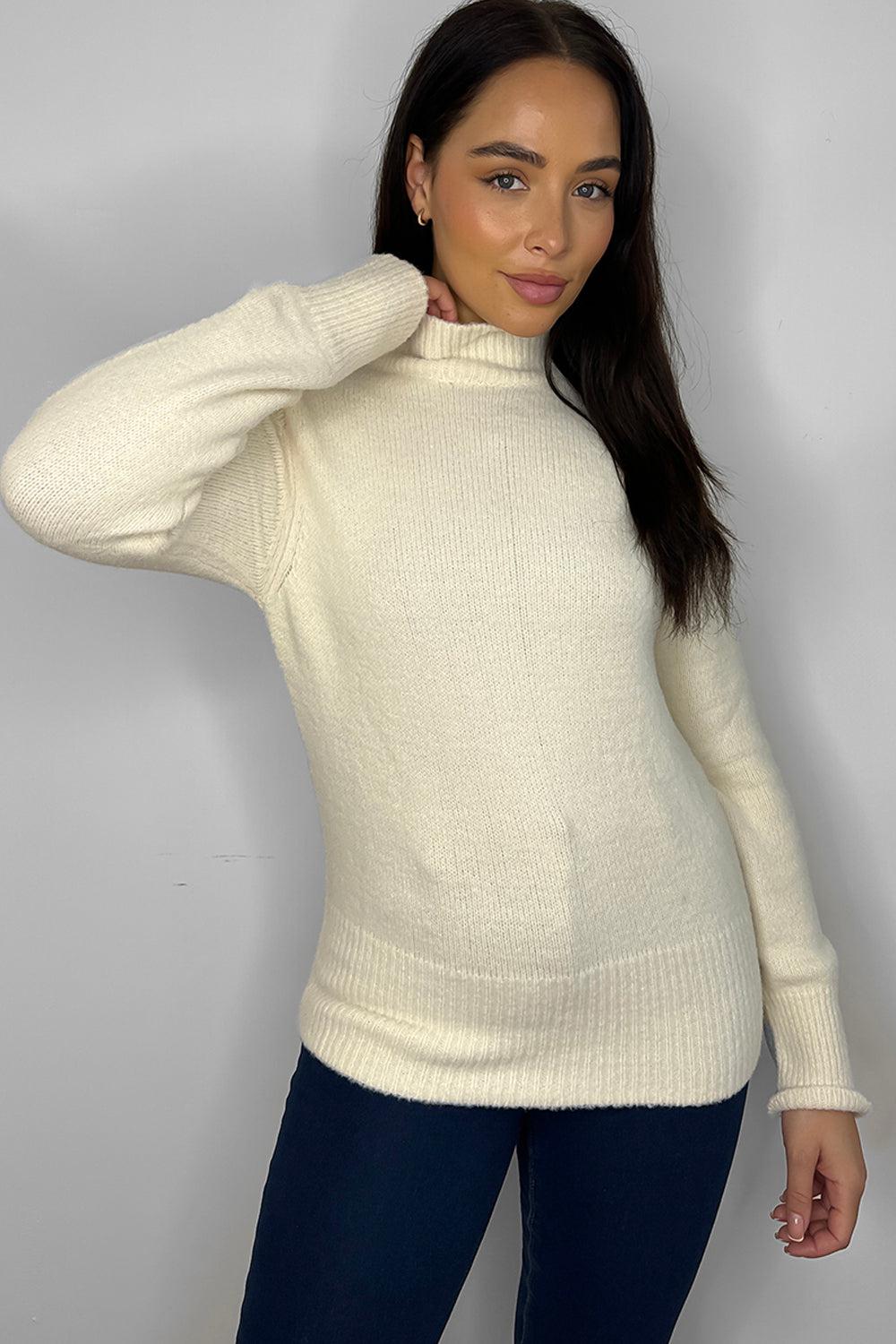 Cream Ribbed High Neck Pullover-SinglePrice