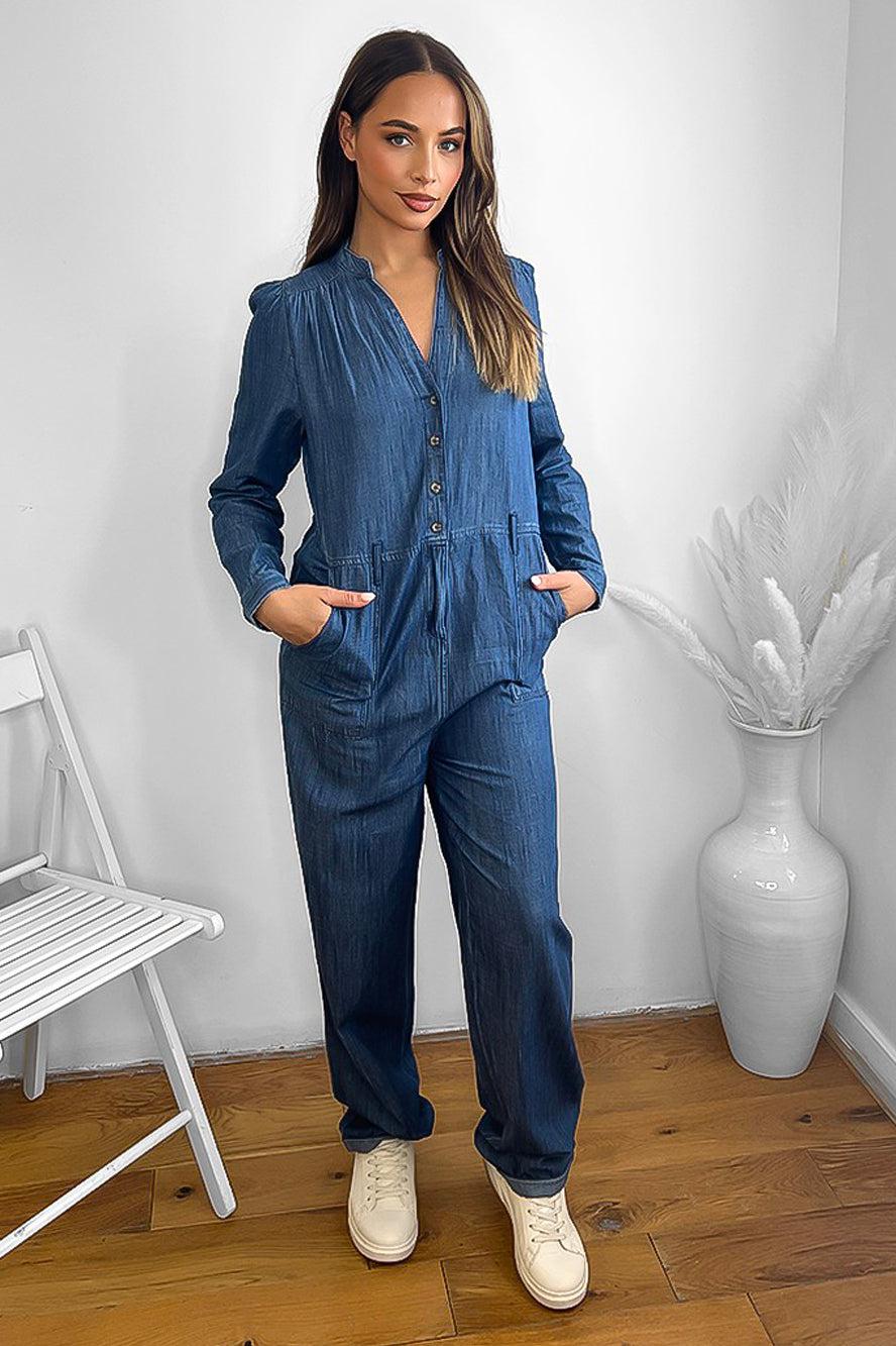 100% Cotton Dark Blue Denim Pleated Shoulders Smart Jumpsuit-SinglePrice