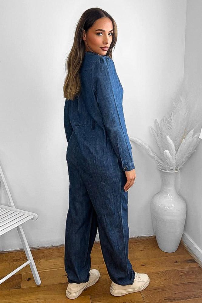 100% Cotton Dark Blue Denim Pleated Shoulders Smart Jumpsuit-SinglePrice