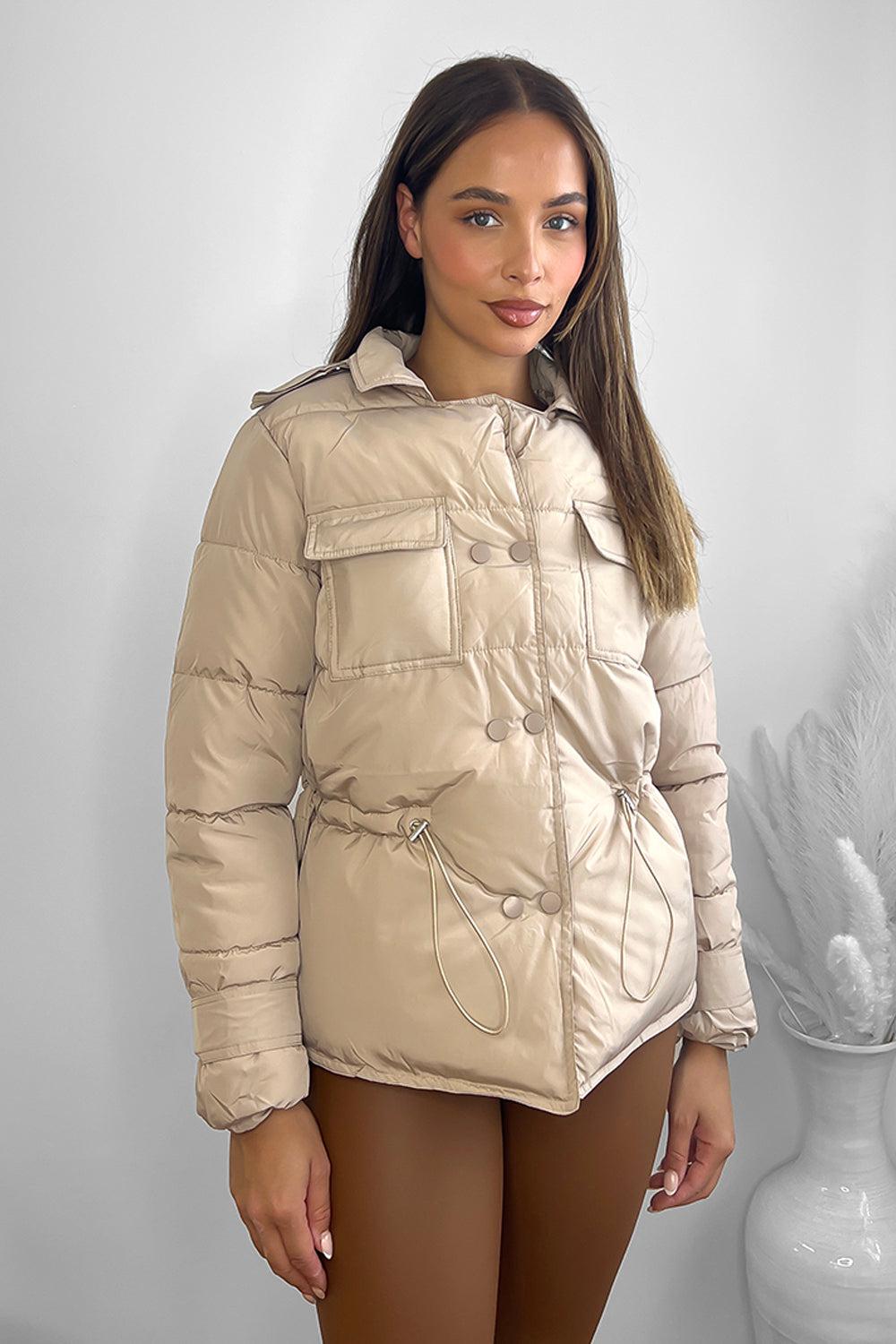 Beige Utility Pockets Short Puffer Bomber Jacket-SinglePrice