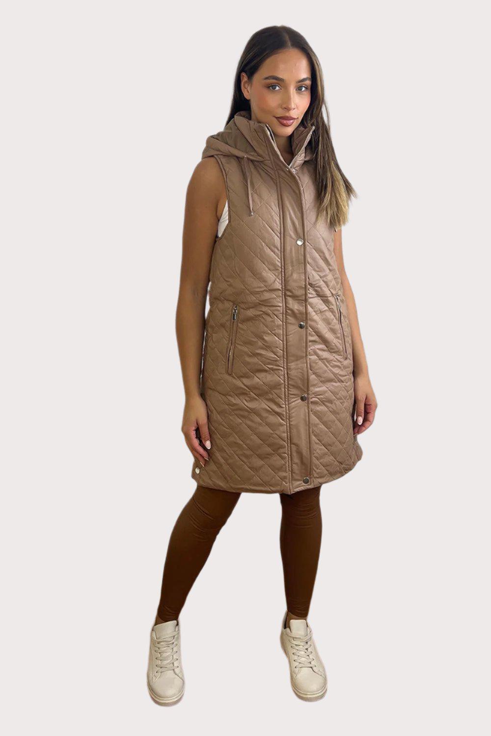 Quilted Leather Look Hooded Sleeveless Zip Waistcoat-SinglePrice