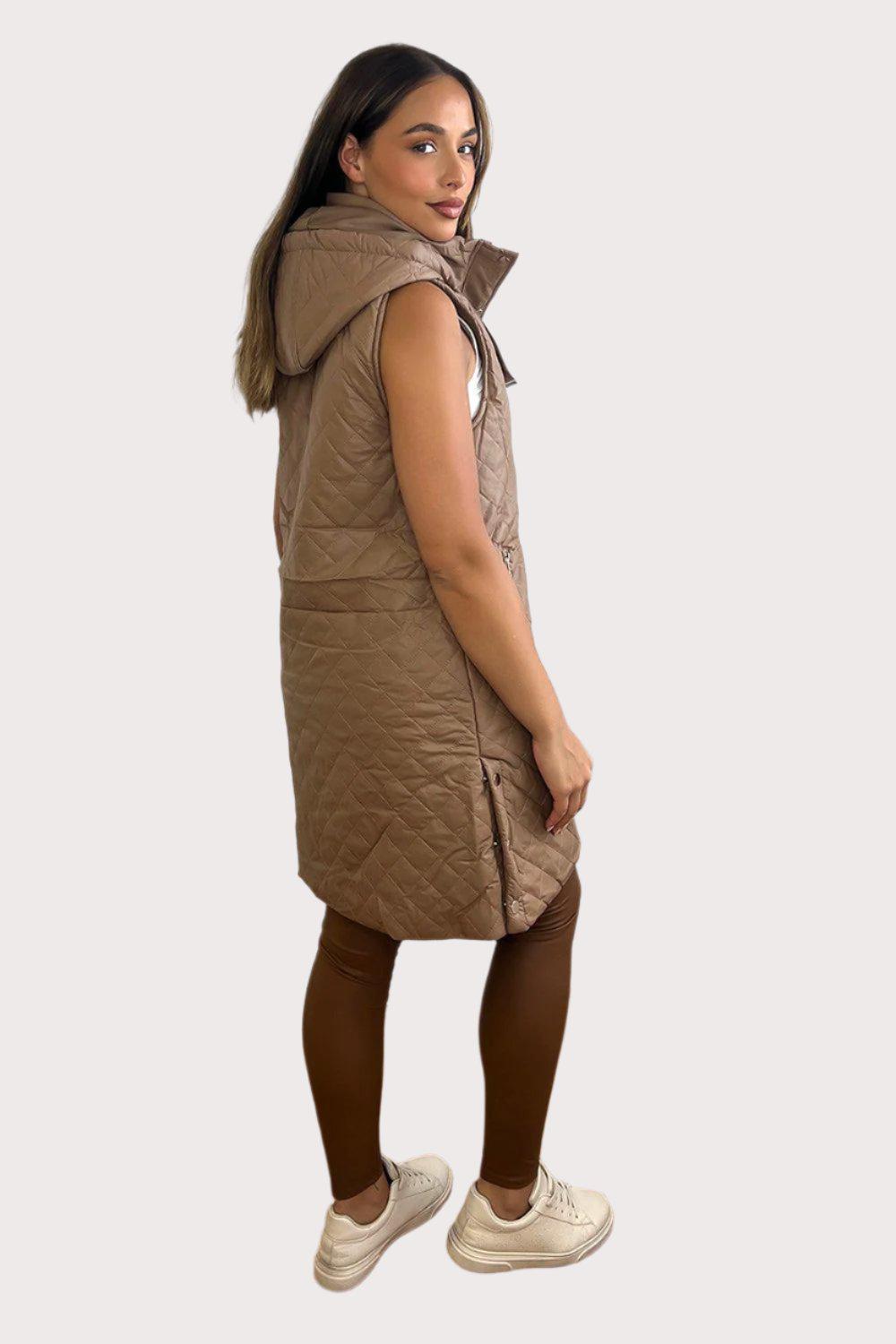 Quilted Leather Look Hooded Sleeveless Zip Waistcoat-SinglePrice