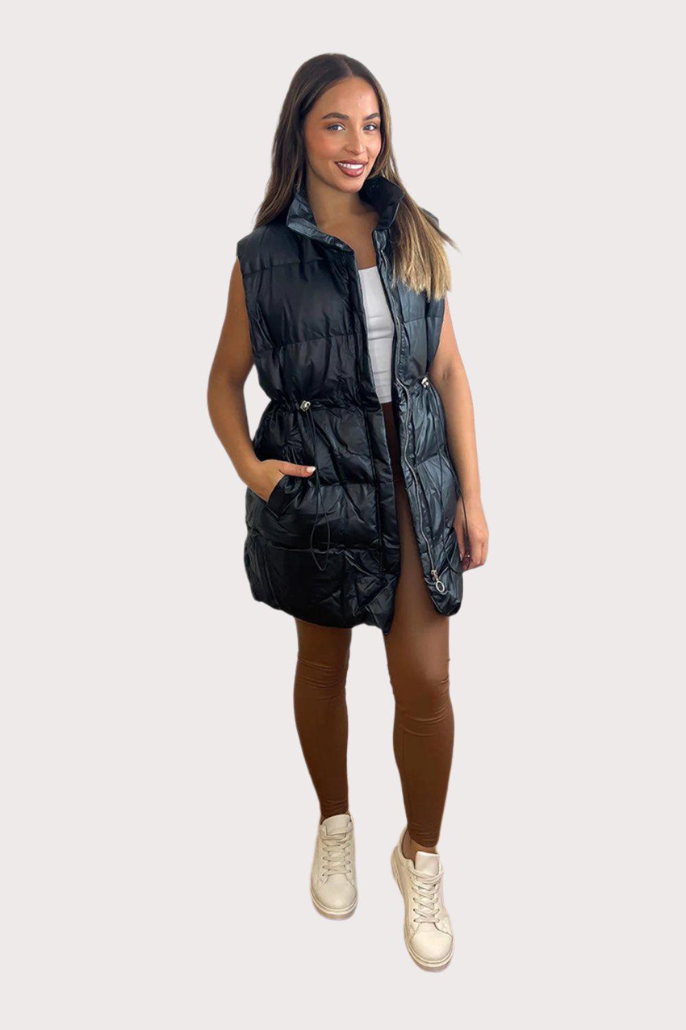 Faux Leather Lightly Padded Sleeveless Drawstring Waistcoat-SinglePrice