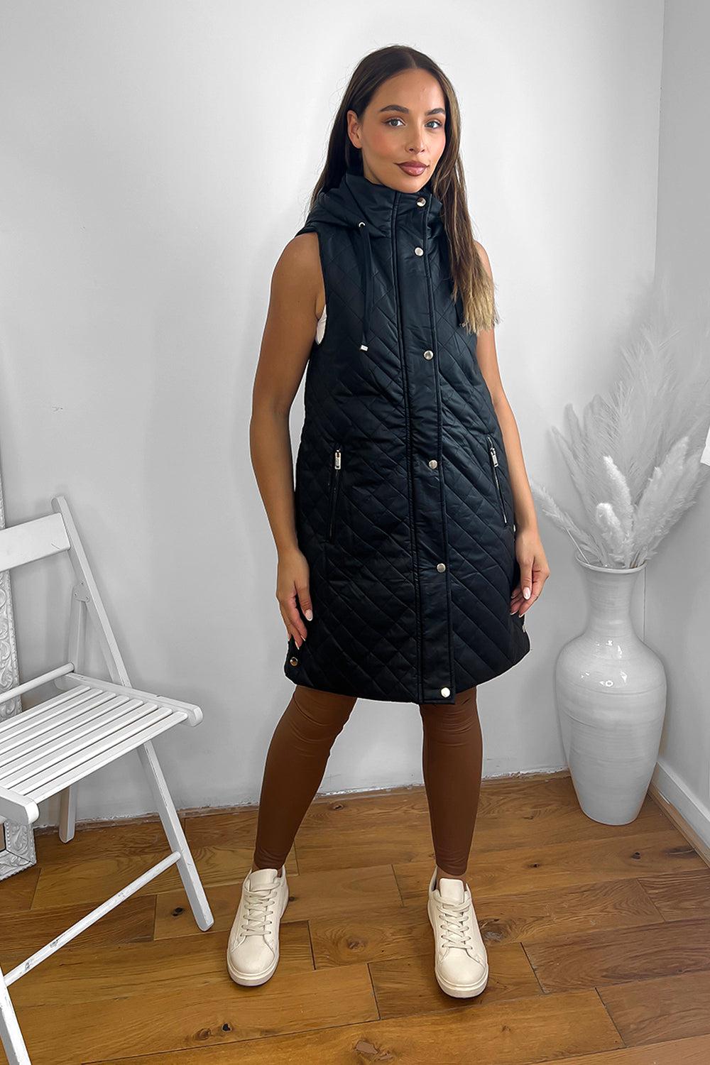 Quilted Leather Look Hooded Sleeveless Zip Waistcoat-SinglePrice