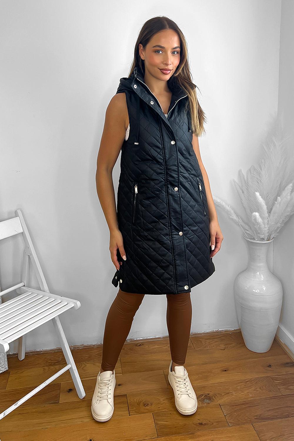 Quilted Leather Look Hooded Sleeveless Zip Waistcoat-SinglePrice