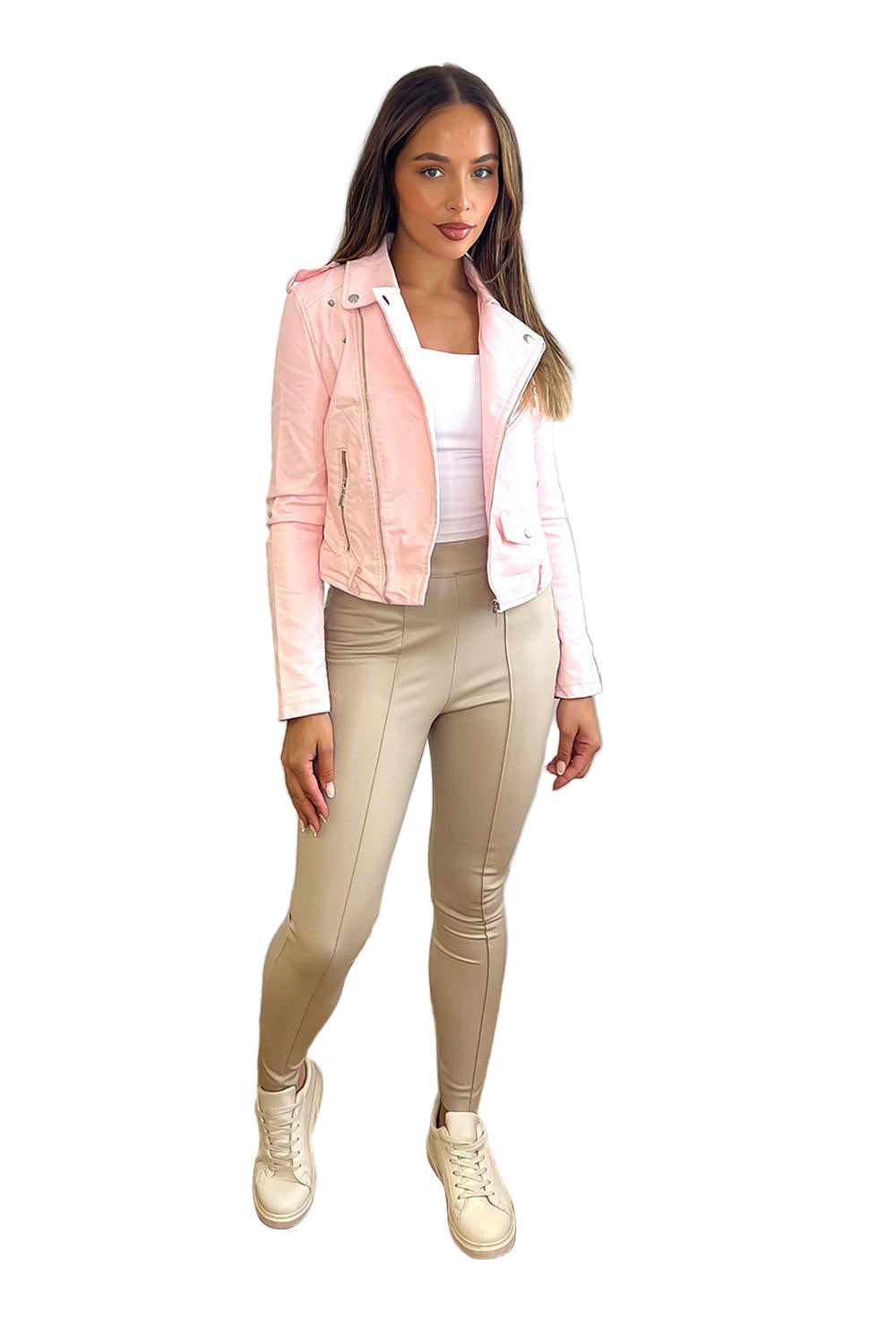 Faux Leather Asymmetric Zip Buckle Belt Biker Jacket-SinglePrice