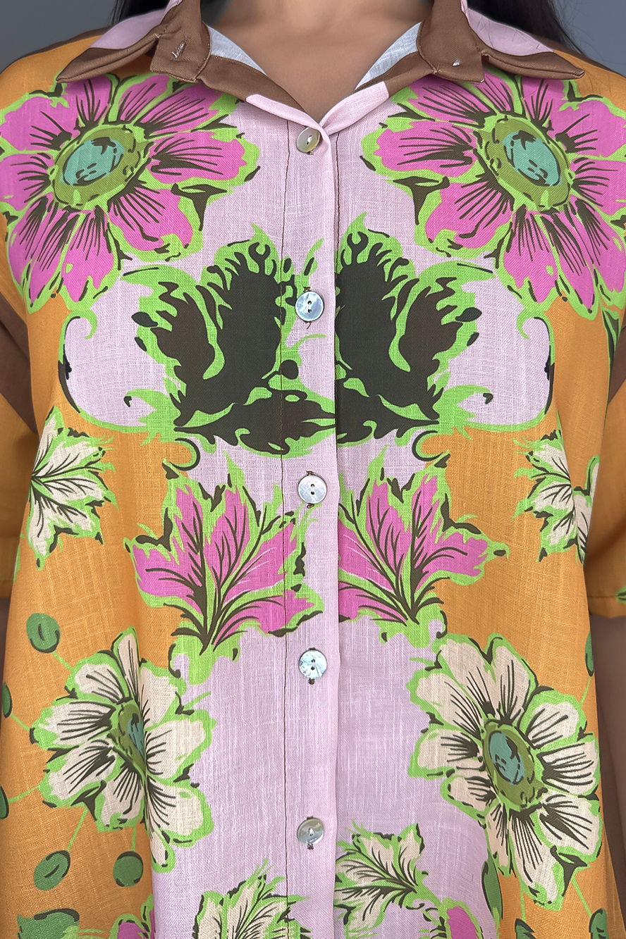 Floral Print Satin Shirt and Shorts Set-SinglePrice