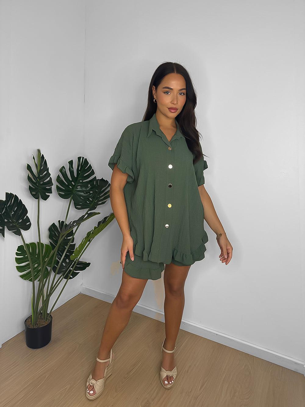 CRINKLE BUTTON DOWN SHIRT AND SHORTS SET-SinglePrice