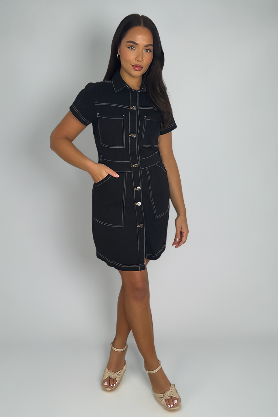 Buttoned Down Contrast Stitch Detail Denim Dress-SinglePrice